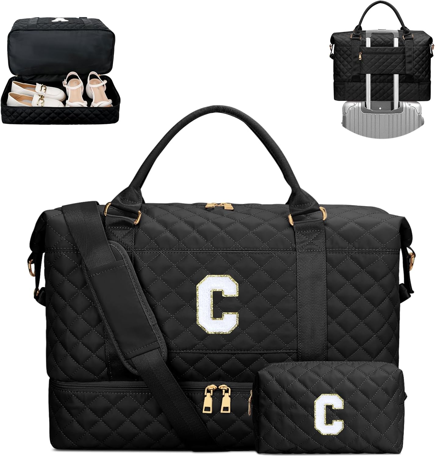 Stylish Initial Travel Duffle Bag with Cosmetic Bag for Women