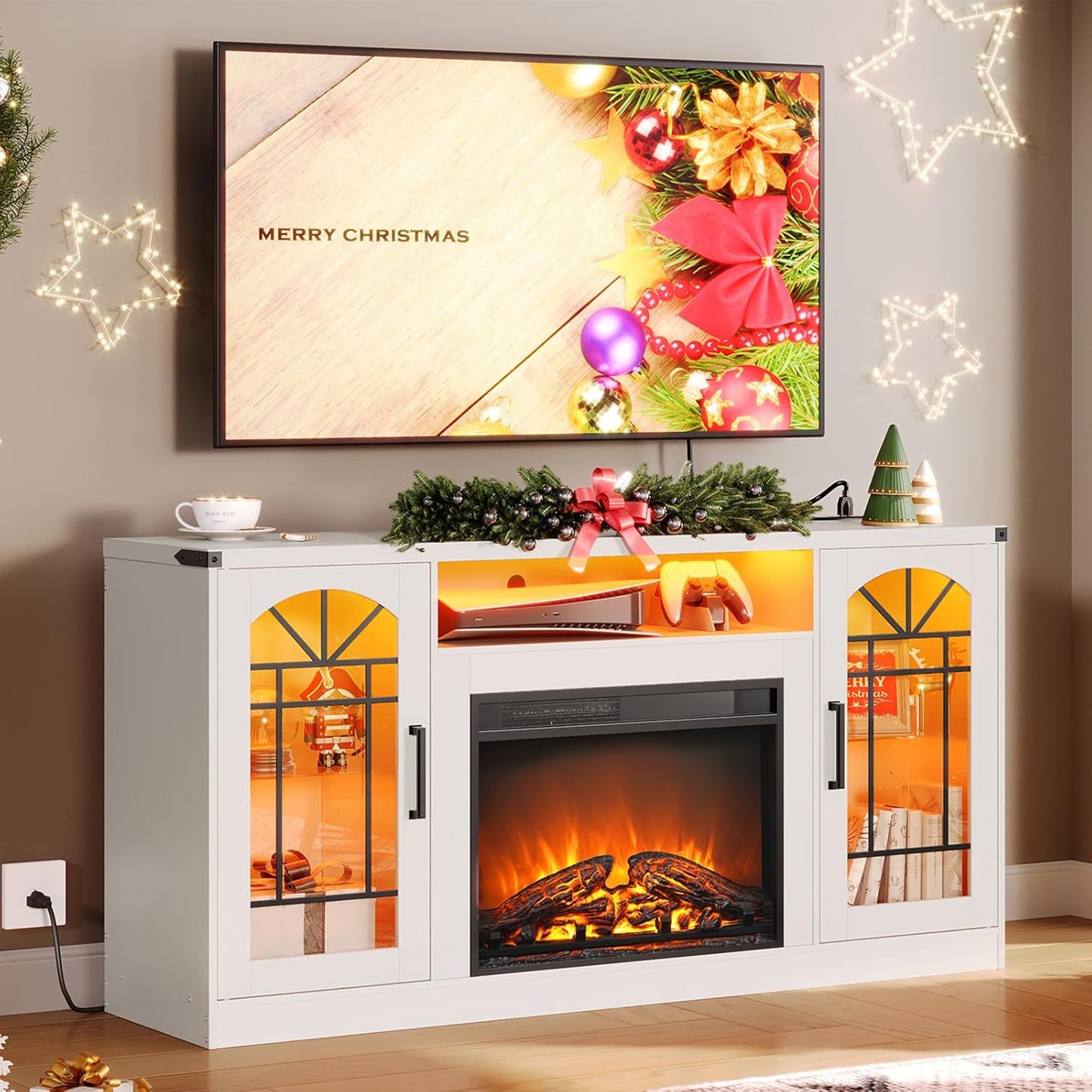HOOBRO White Fireplace TV Stand w/ LED Light