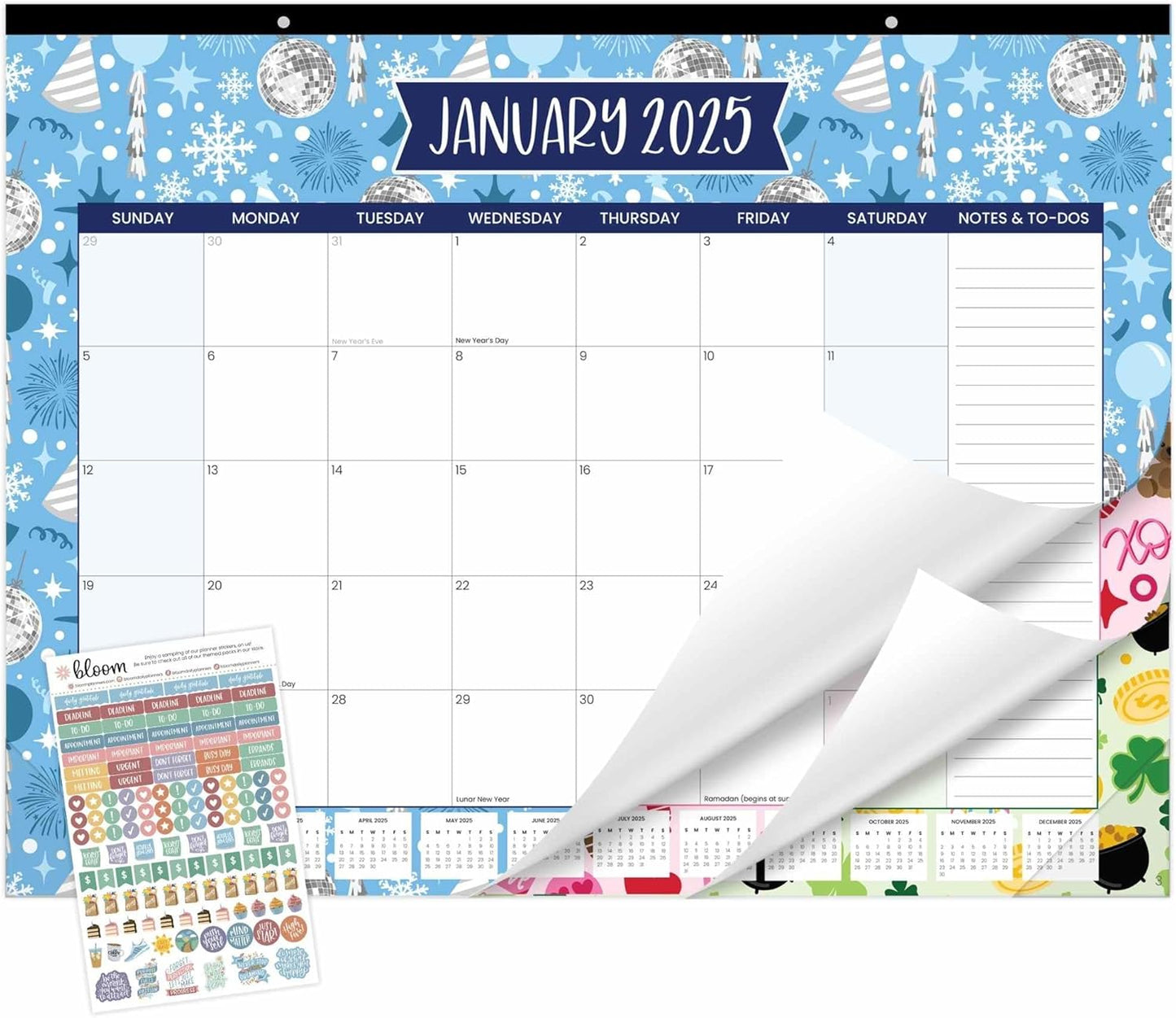 Bloom Daily Planners 2025 Desk Calendar - Large Monthly Organizer Pad with Stickers - Holiday Icons