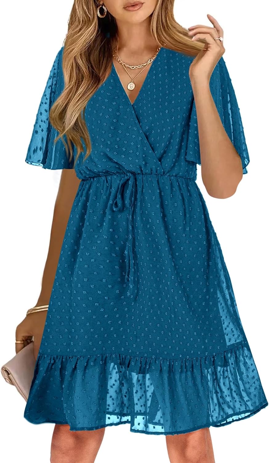 KIRUNDO Women's Summer Dresses Casual V Neck Ruffle Mini Dress