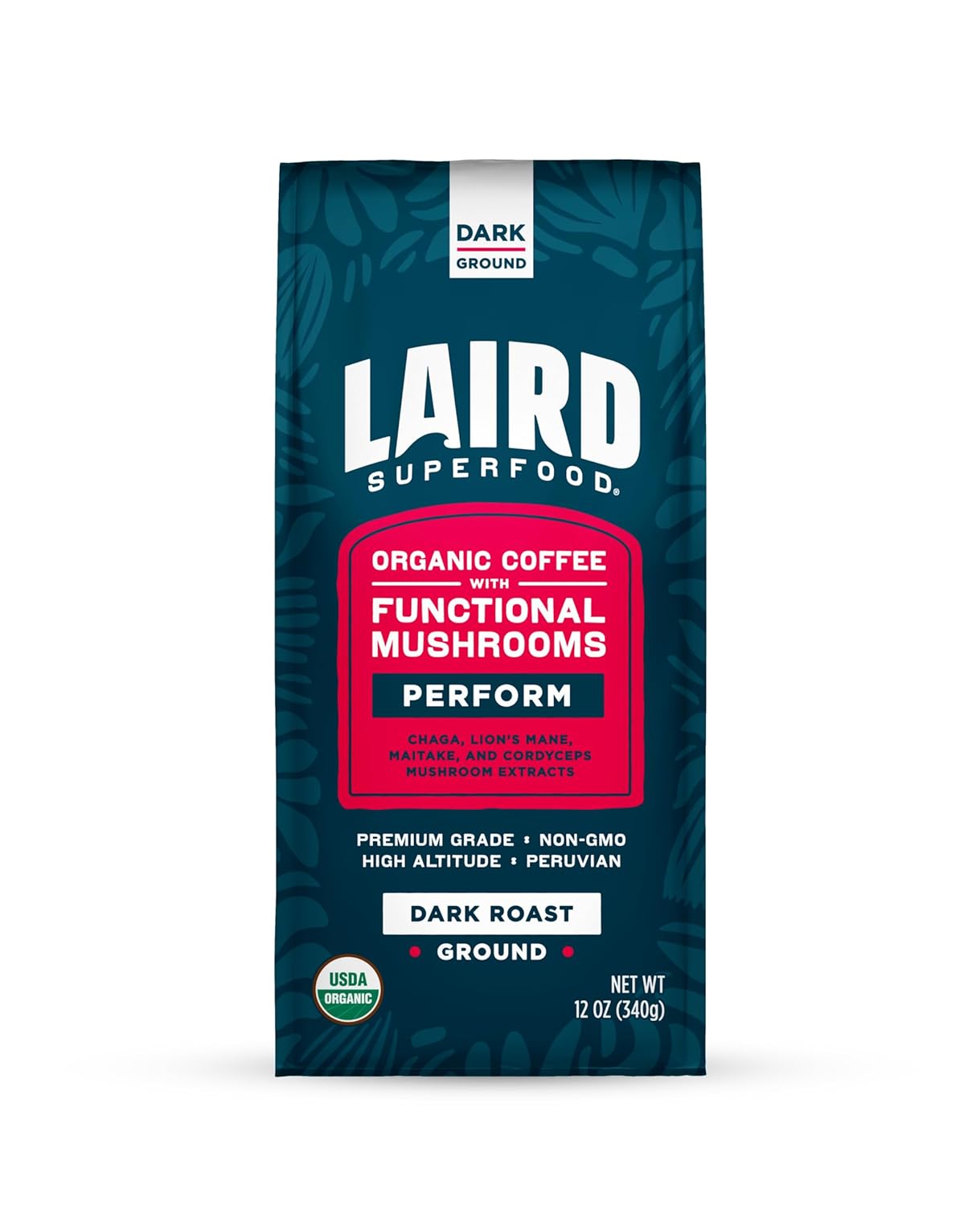 Laird Superfood Peruvian Dark Roast Coffee with Functional Mushrooms - Organic & Gluten-Free
