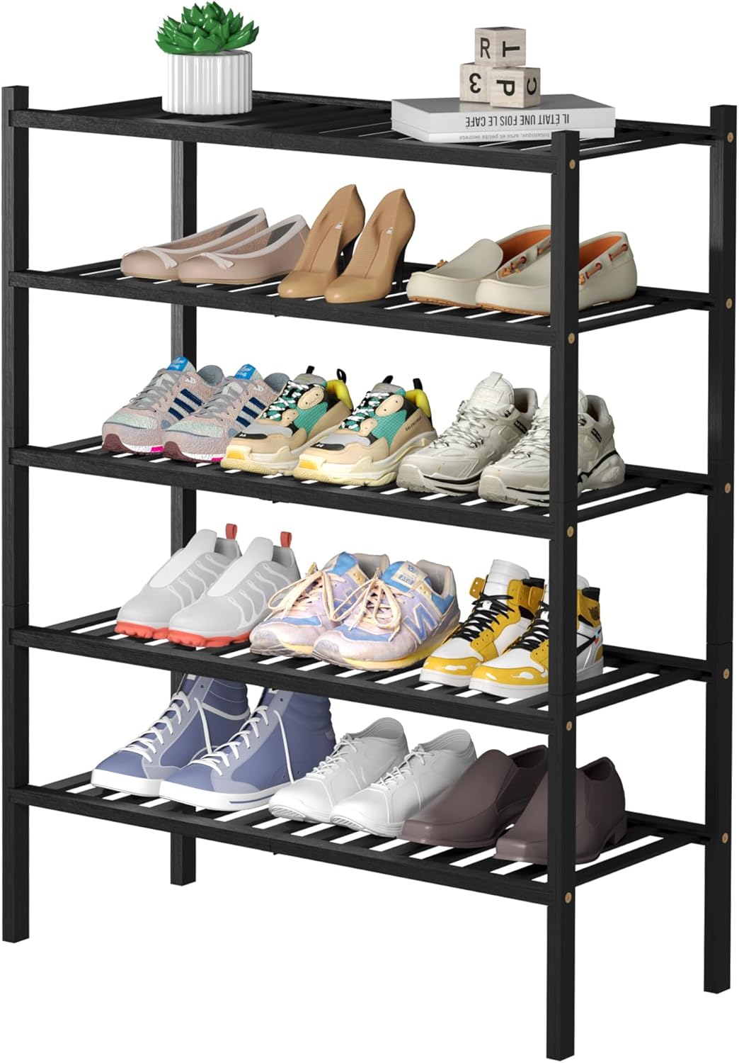 5 Tier Bamboo Shoe Rack for Closet - Stackable Wood Shelf
