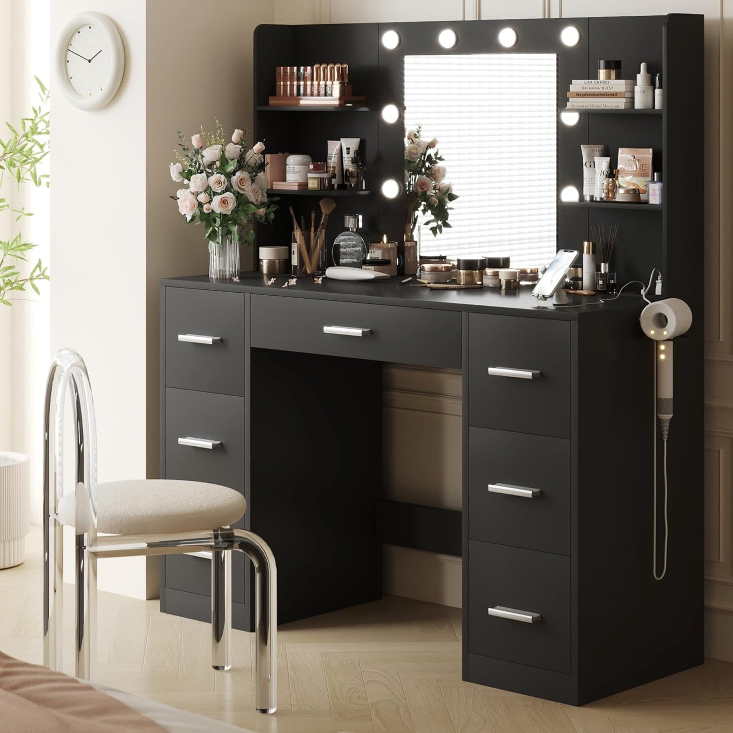 YESHOMY Vanity Desk with Mirror and Power Outlet for Makeup