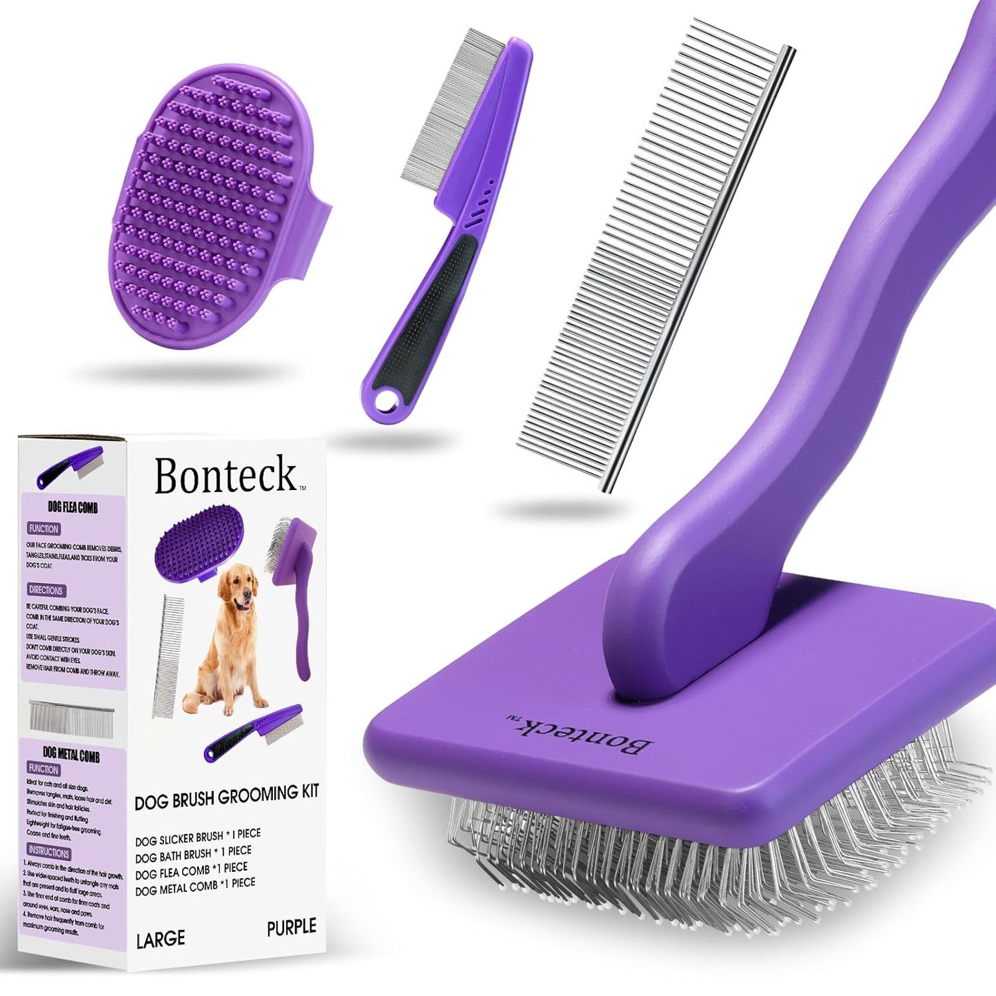 Dog Slicker Brush Grooming Kit for Long Haired Dogs 4PCS