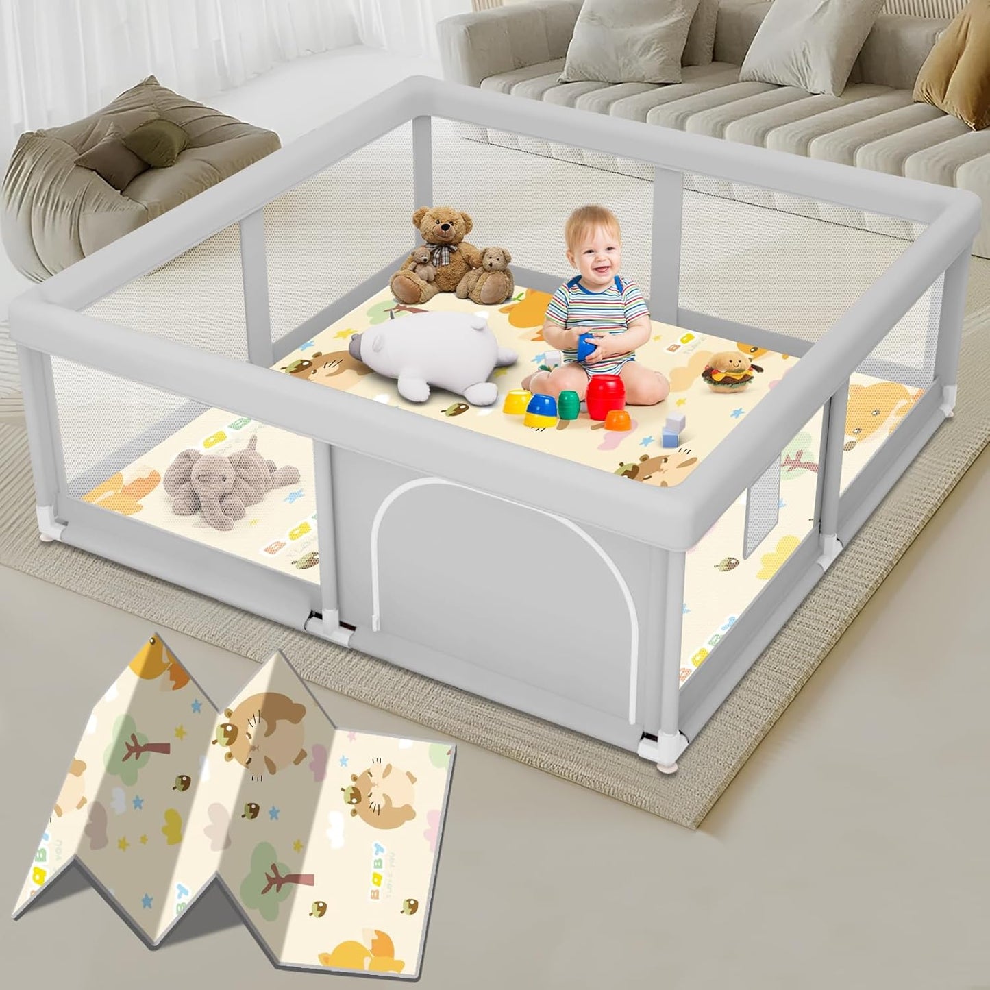 Baby Playpen with Mat, Safe Indoor Outdoor Play Yard for Toddlers