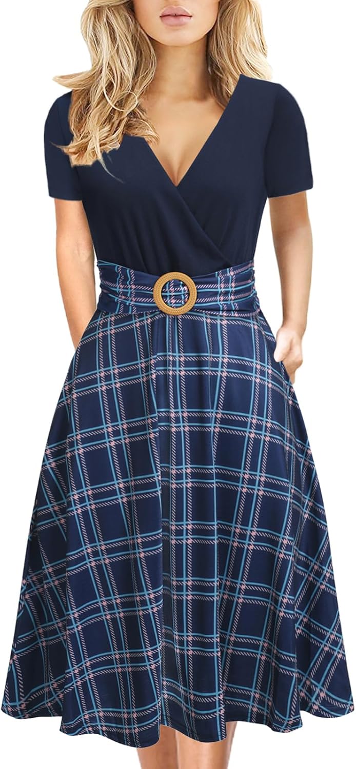 Elegant Criss-Cross V Neck Vintage Short Sleeve Dress with Pockets