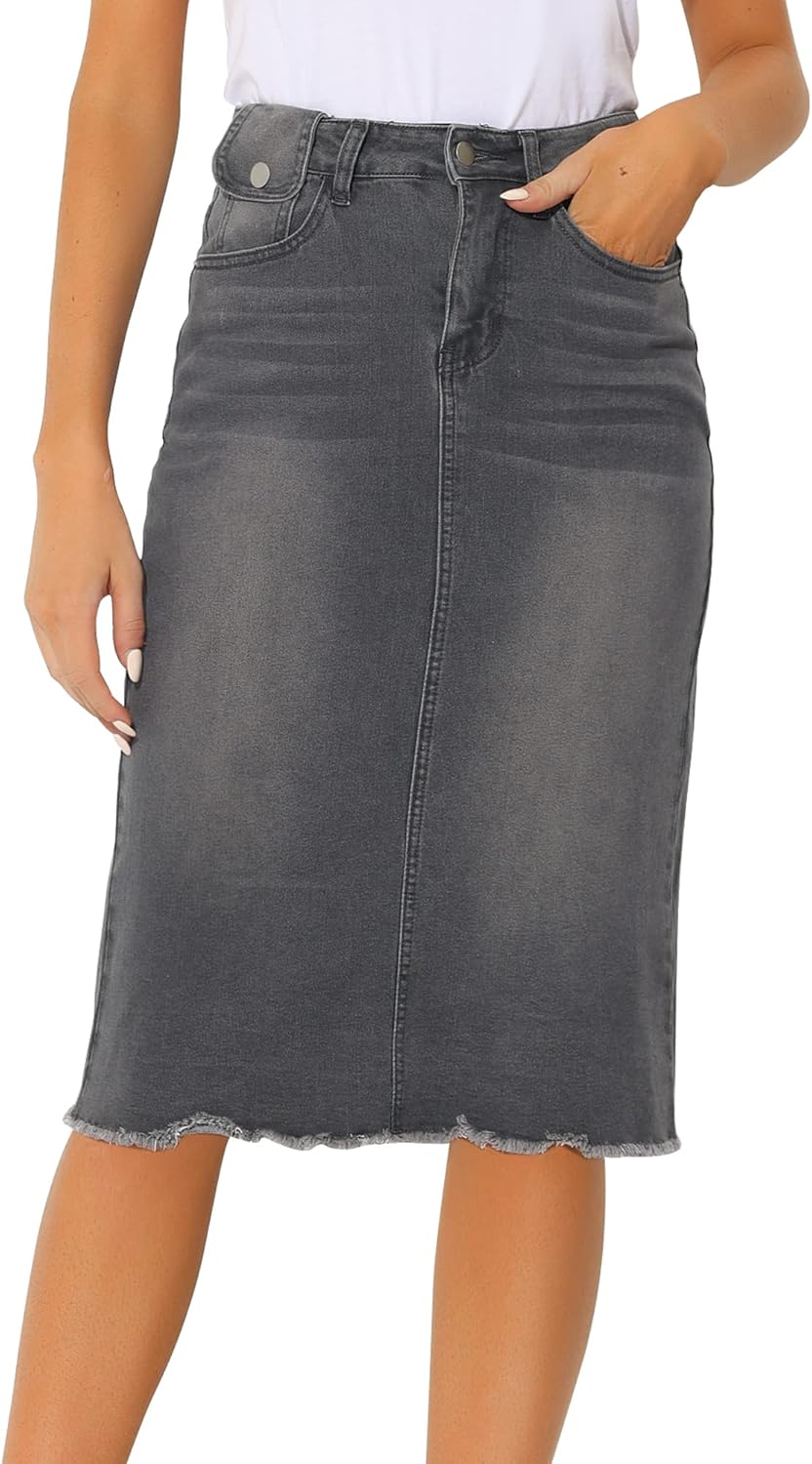 Allegra K Women's Casual Jean Skirt with Back Slit and Stretch