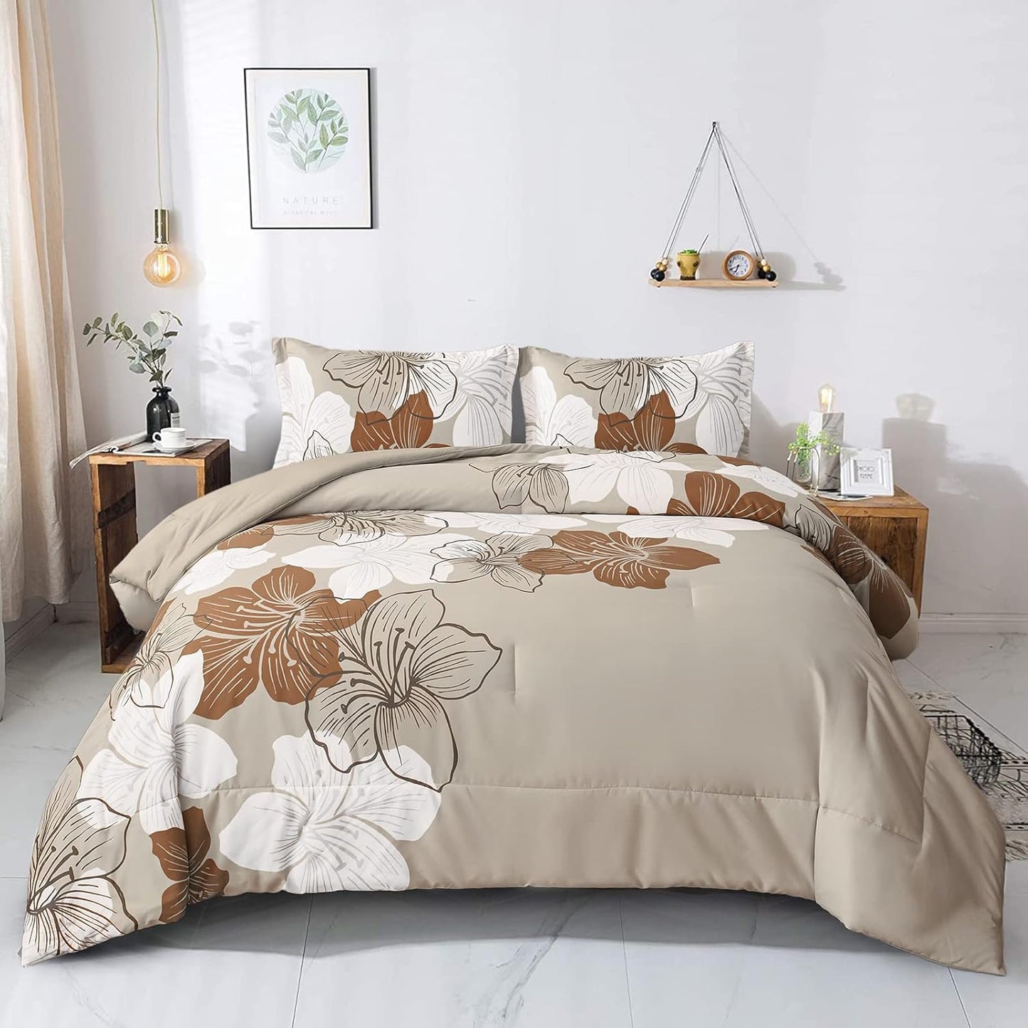 Menghomeus Brown Comforter Set Queen with Floral Design for Comfort
