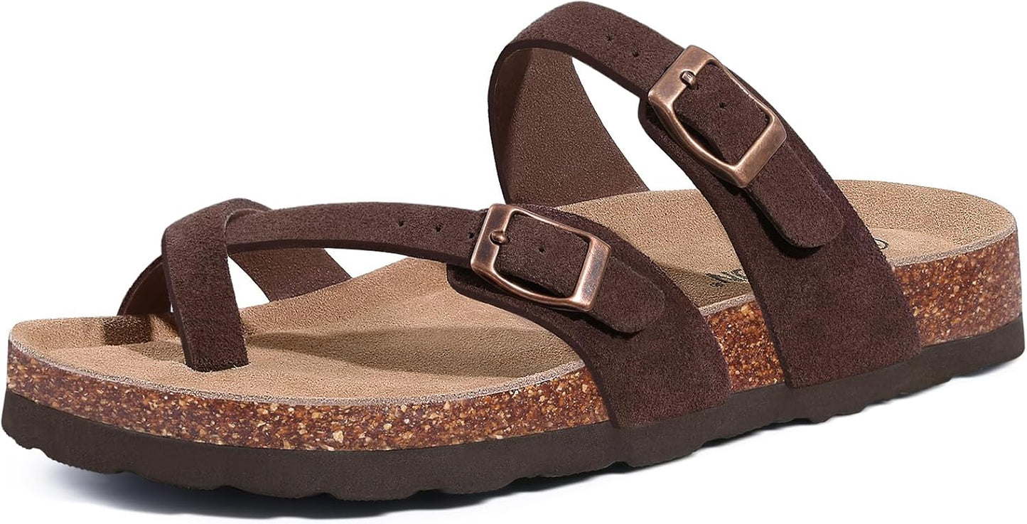 Genuine Suede Cork Footbed Sandals for Women - Comfortable Slides