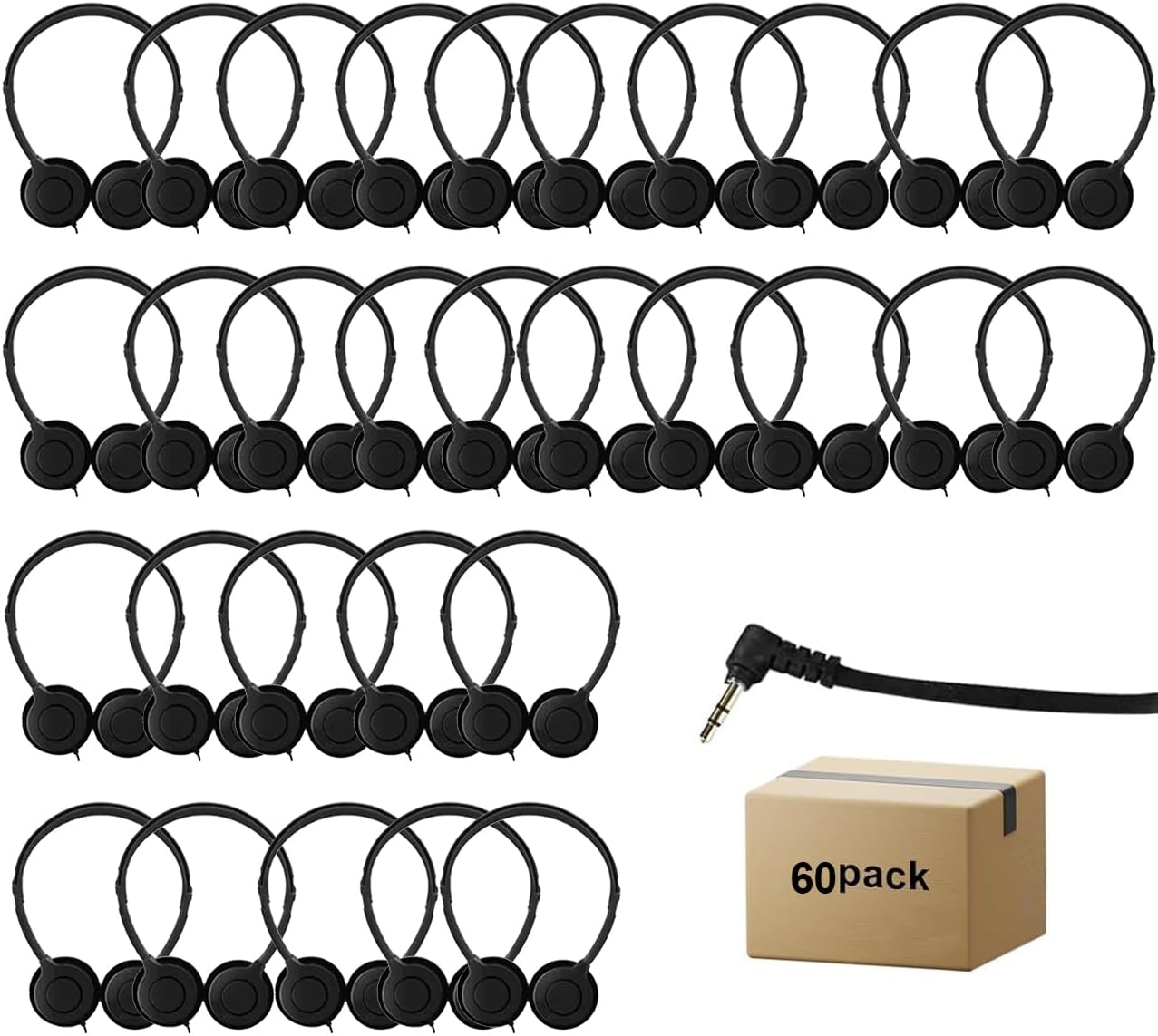 60 Pack Bulk Headphones for Kids Adjustable with 3.5 mm Jack