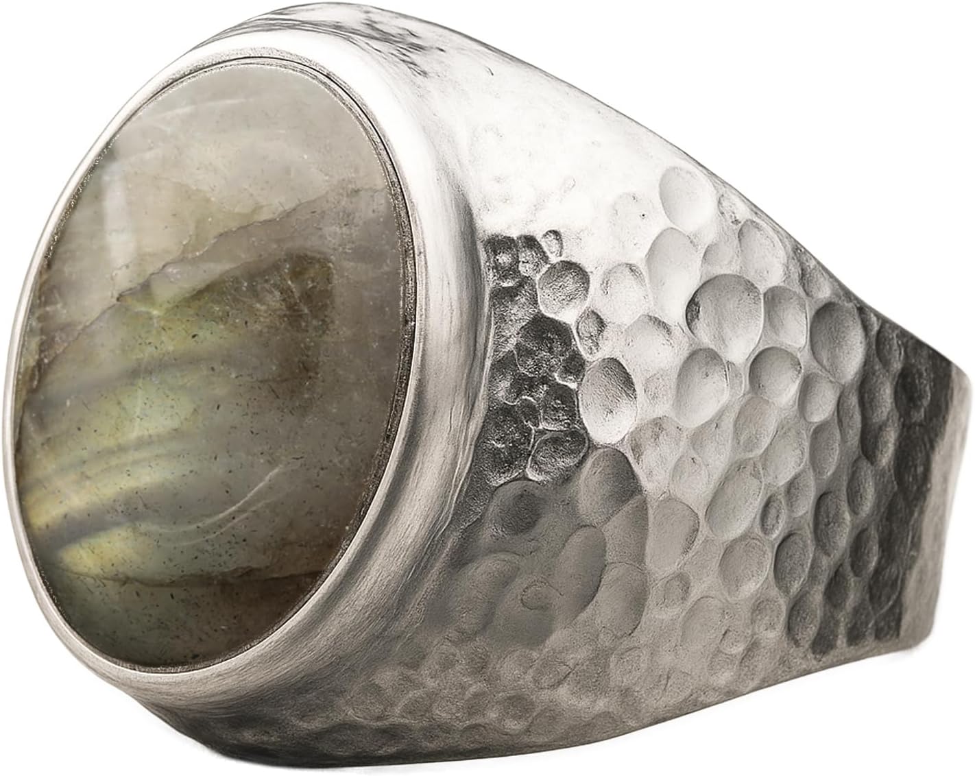 Natural Aventurine Crystal Ring for Men in Hammered Silver