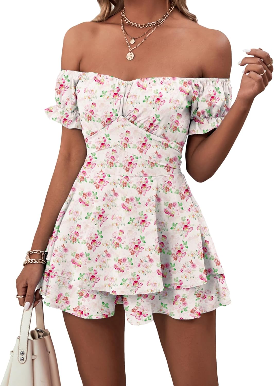 LYANER Women's Off Shoulder Ruffle Short Sleeve Romper Jumpsuit