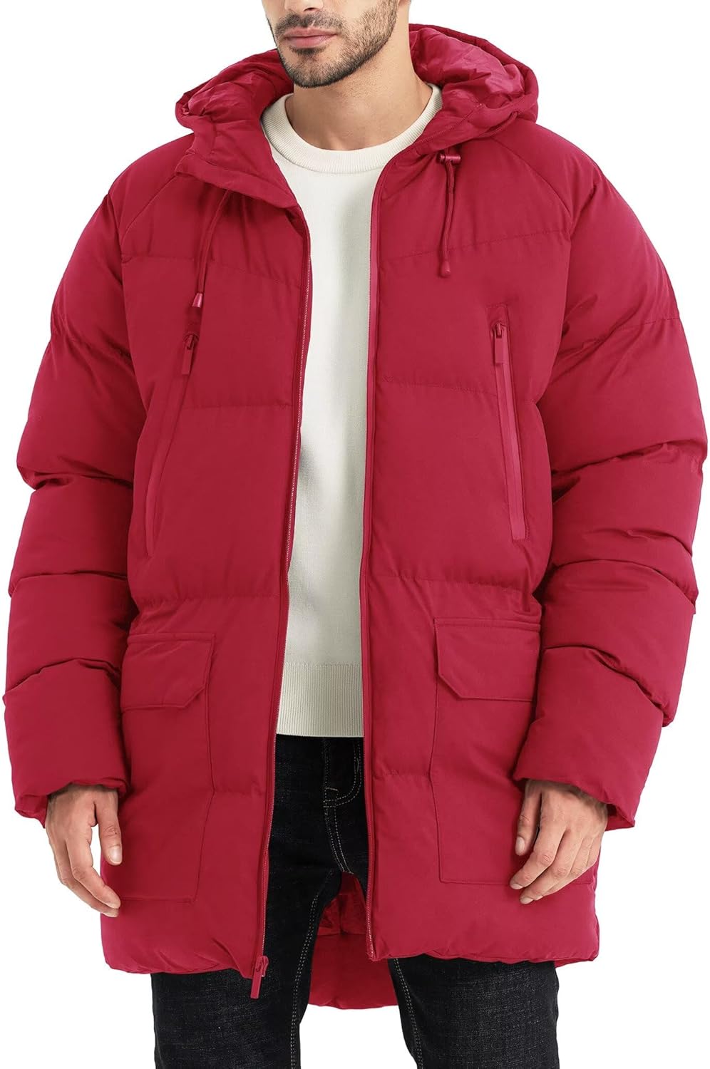 Men's Long Winter Coat Hooded Warm Quilted Jacket for Cold Weather