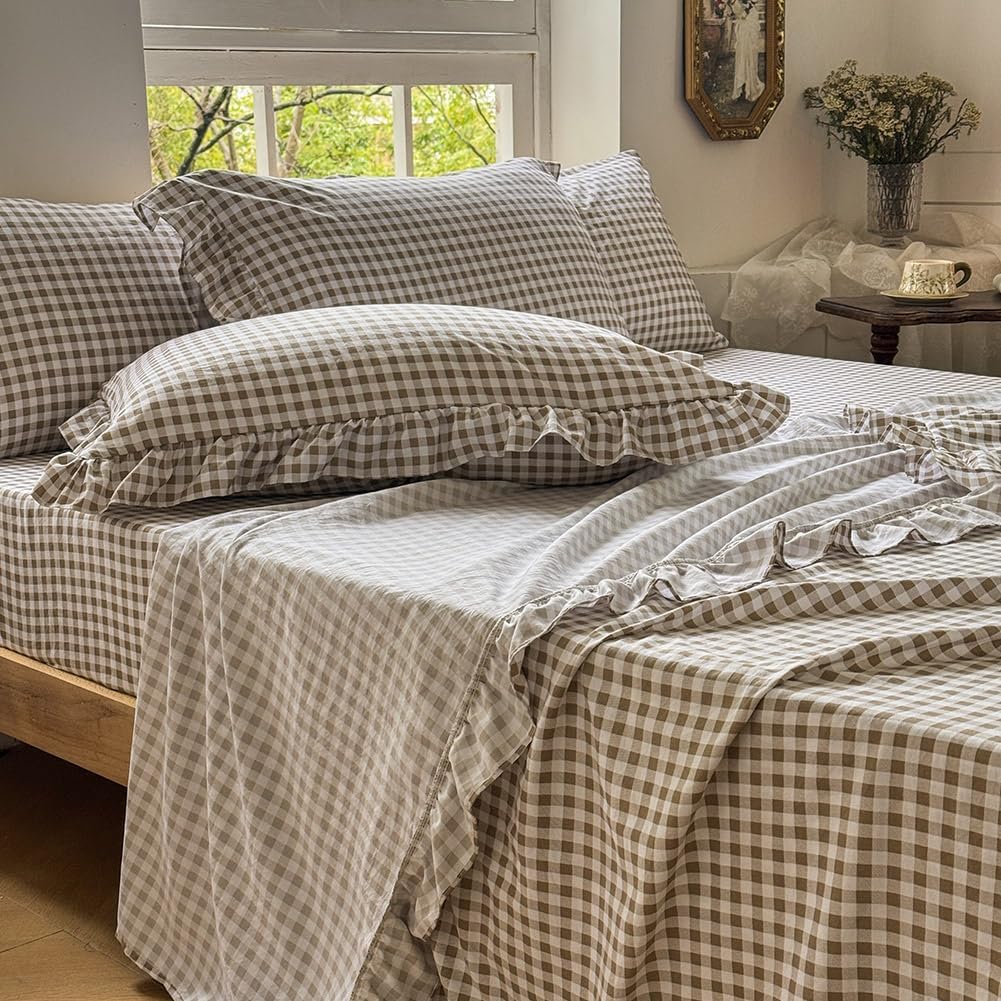 Tan Gingham Ruffle Full Sheet Set for Cozy Farmhouse Style