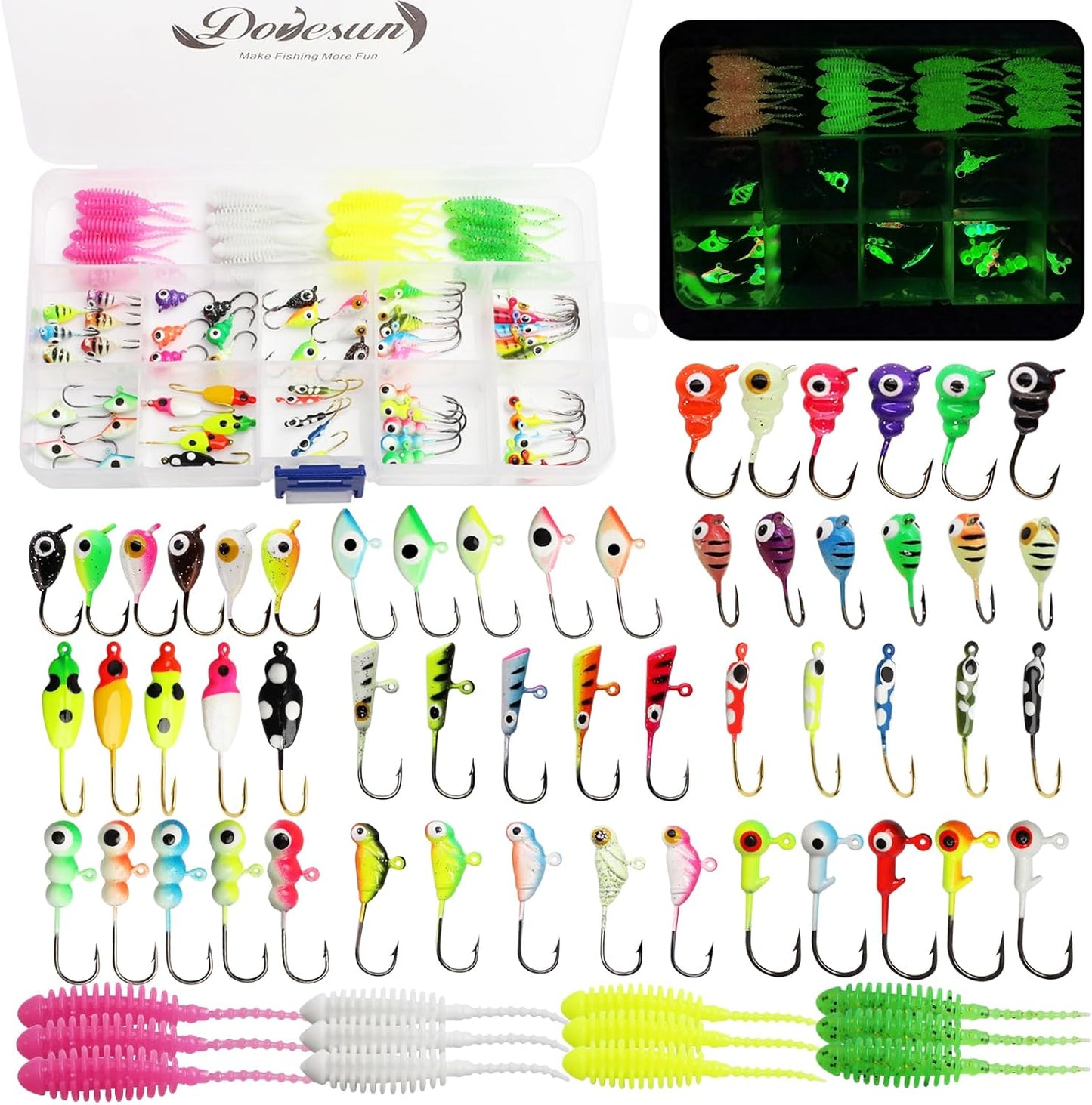 Glow-in-the-Dark Ice Fishing Jigs Set by Dovesun | Walleye & Crappie Soft Baits
