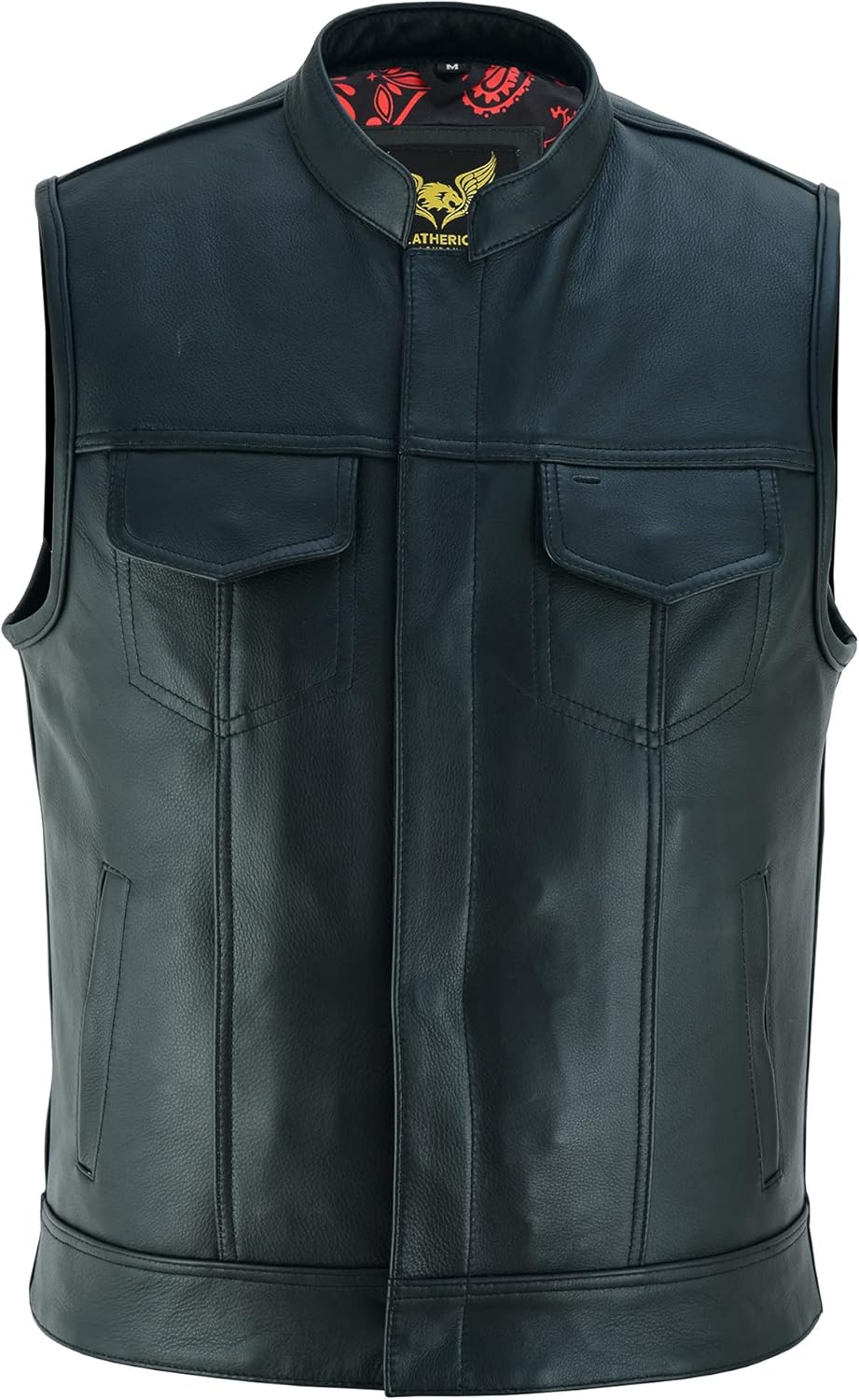 Leatherick Mens Black Motorcycle Vests with Paisley Satin Liner