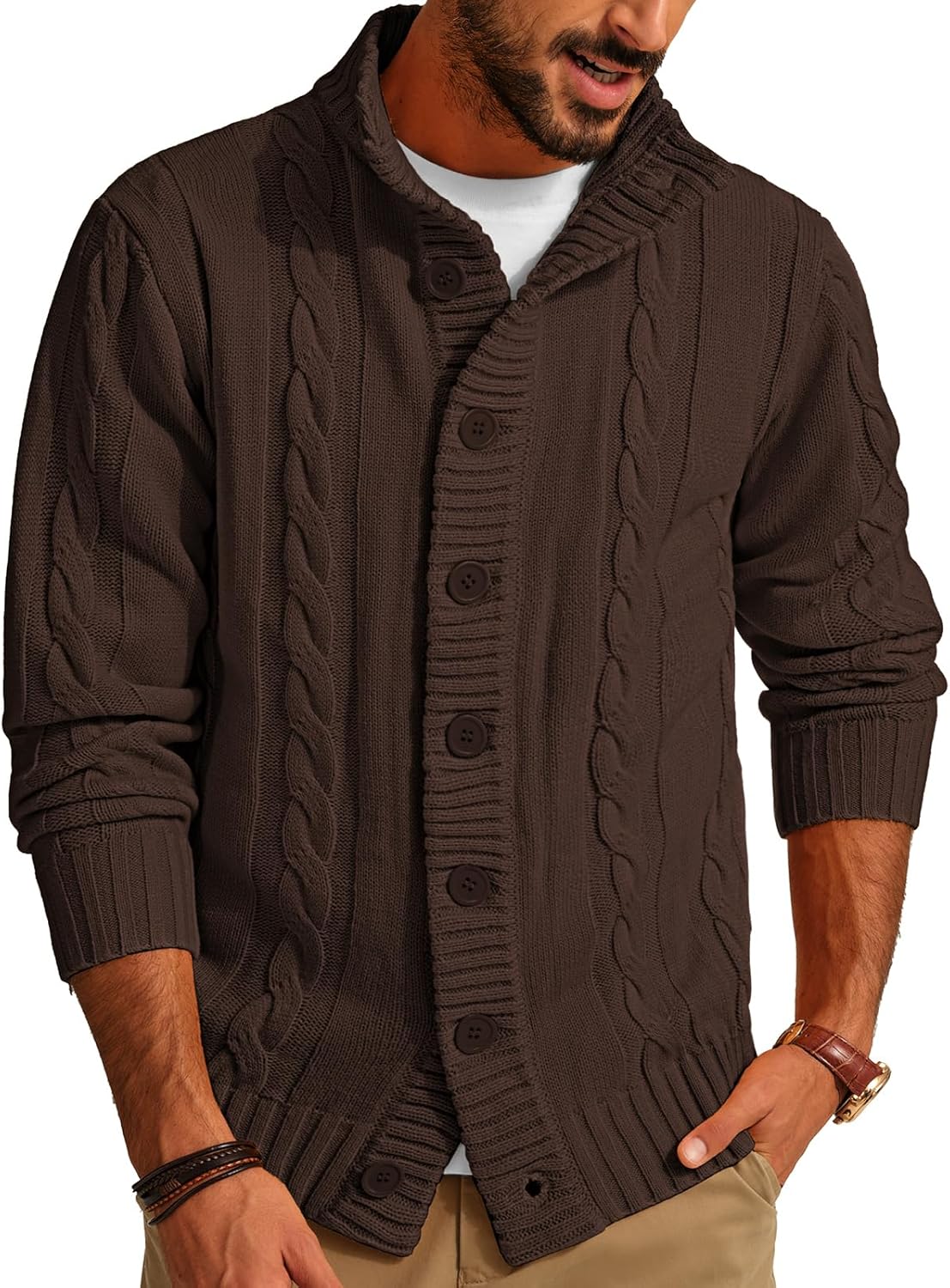 Stylish Men's Cardigan Sweater with Stand Collar and Button Down
