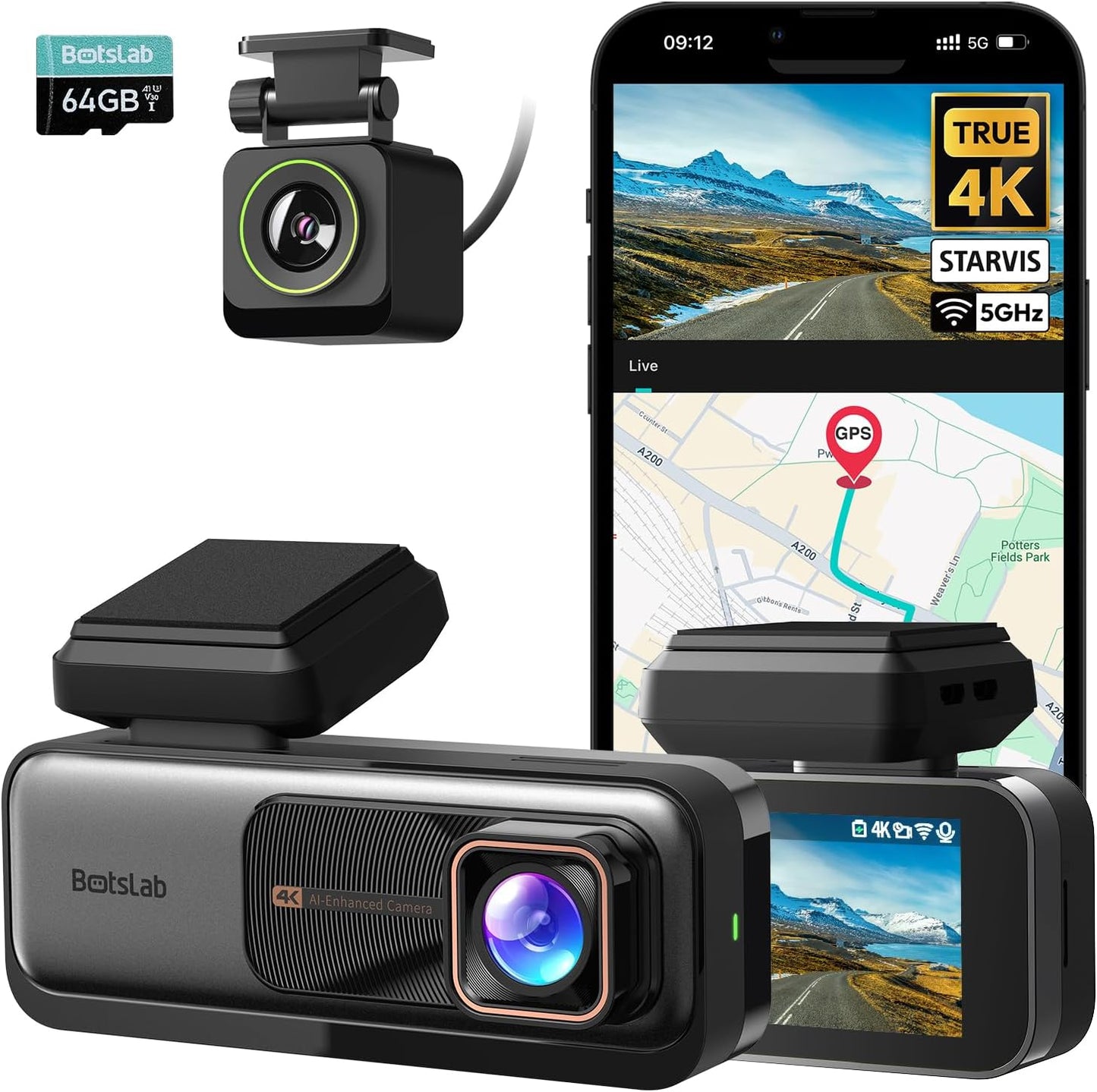 BOTSLAB 4K Dual Dash Cam - ADAS, Night Vision, Parking Mode
