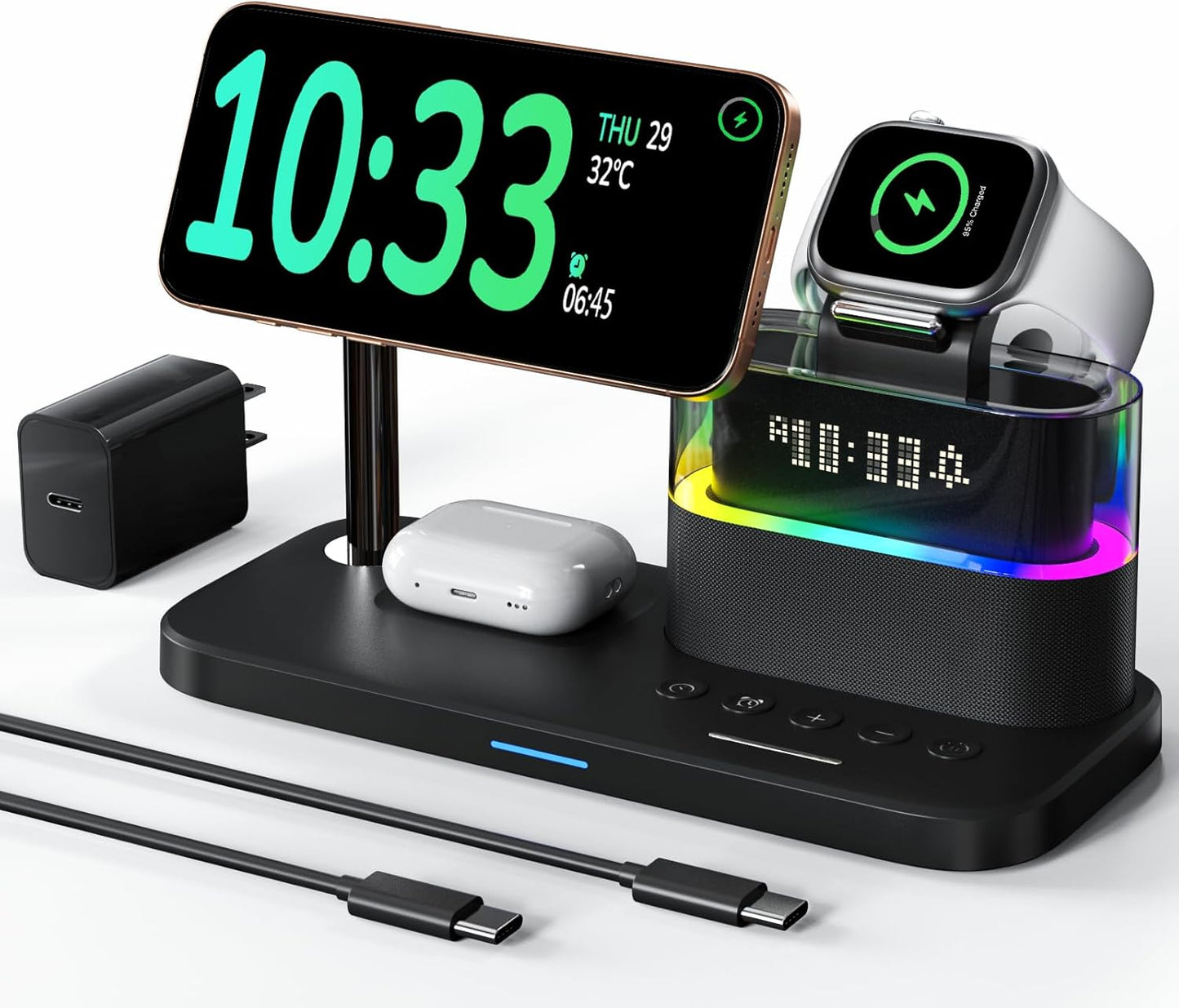 Compatible Qi2 Wireless Charging Station with Alarm Clock & Light
