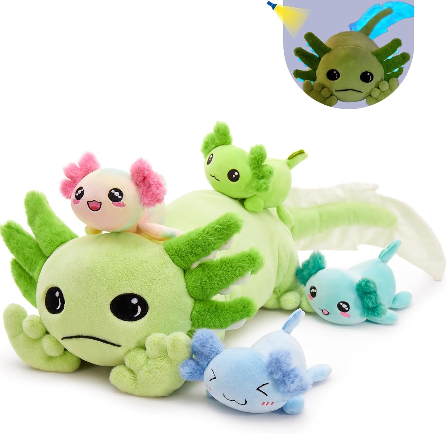 Tezituor Axolotl Plush Toy with 4 Babies - Cute Luminous Salamander