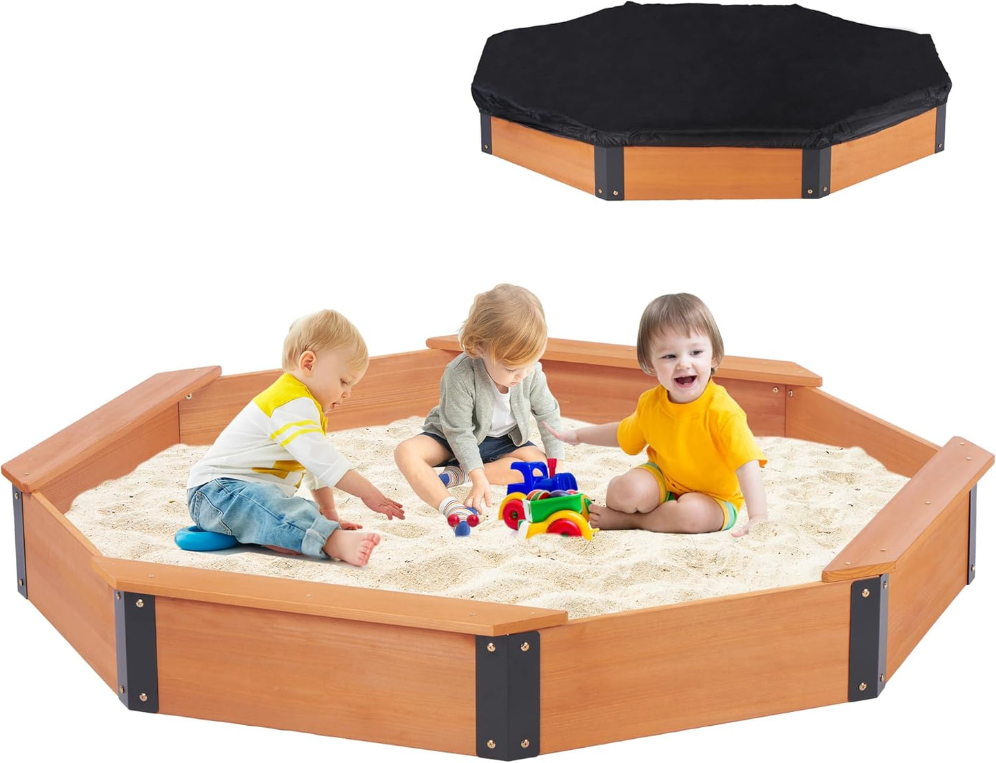 Wooden Octagon Sandbox with Cover for Kids Outdoor Play