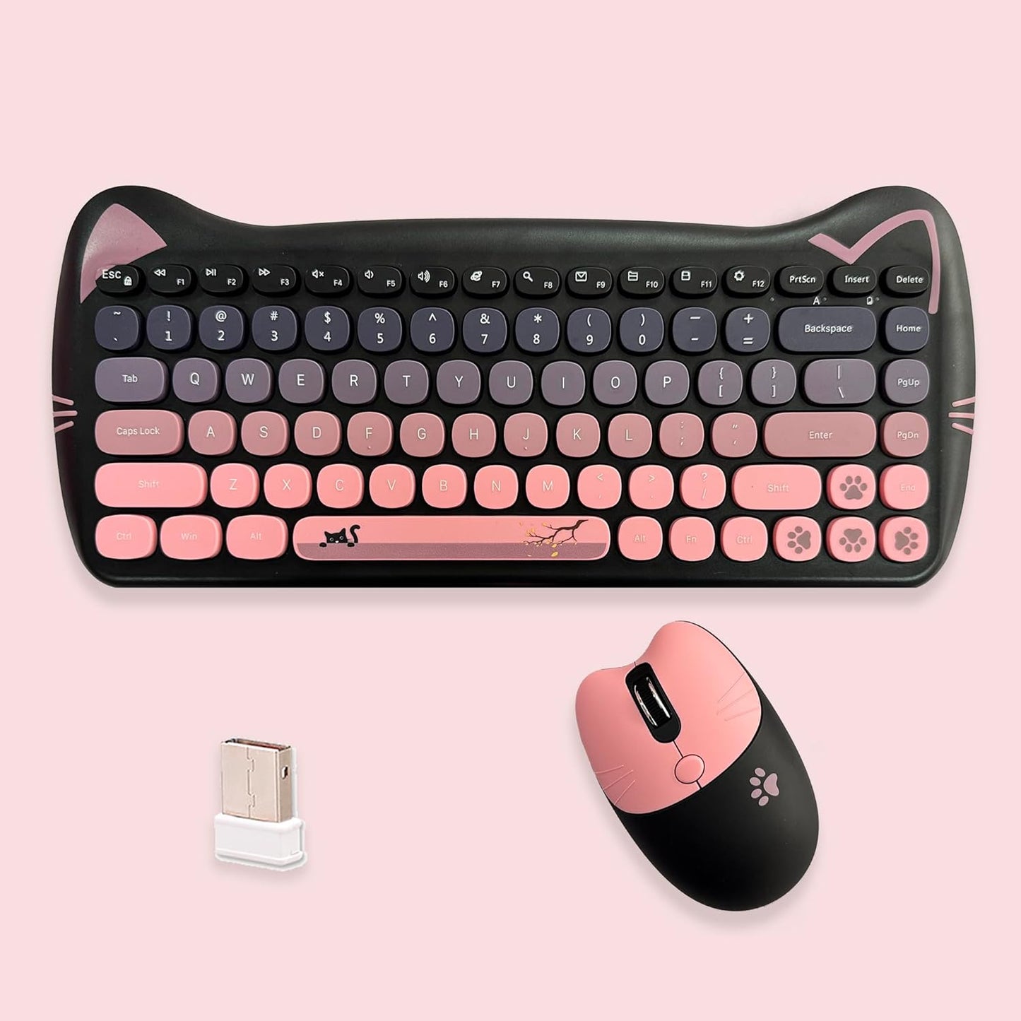 Cute Cat Wireless Keyboard & Mouse Combo - Silent Keys, Candy Colors