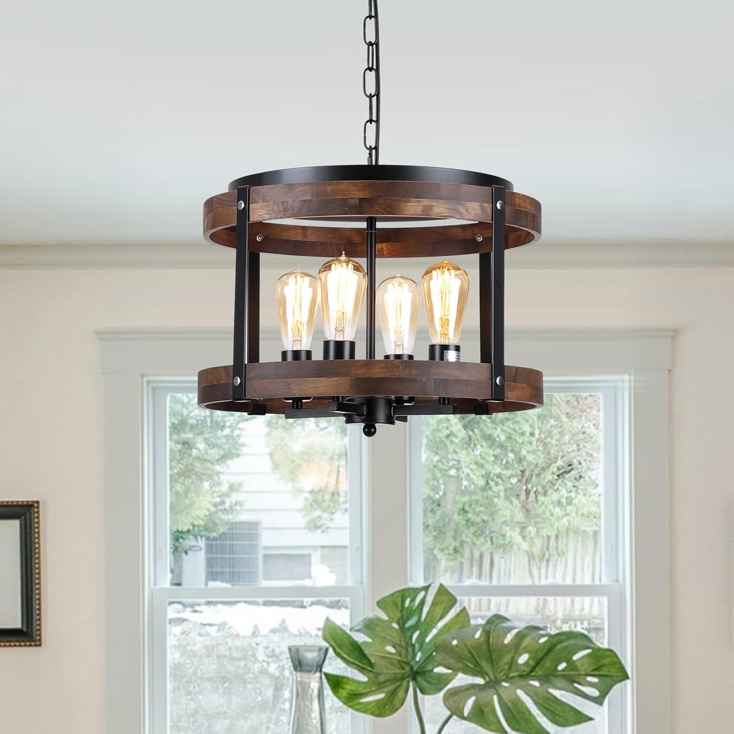 4-Light Rustic Farmhouse Wood Pendant Light Fixture for Home