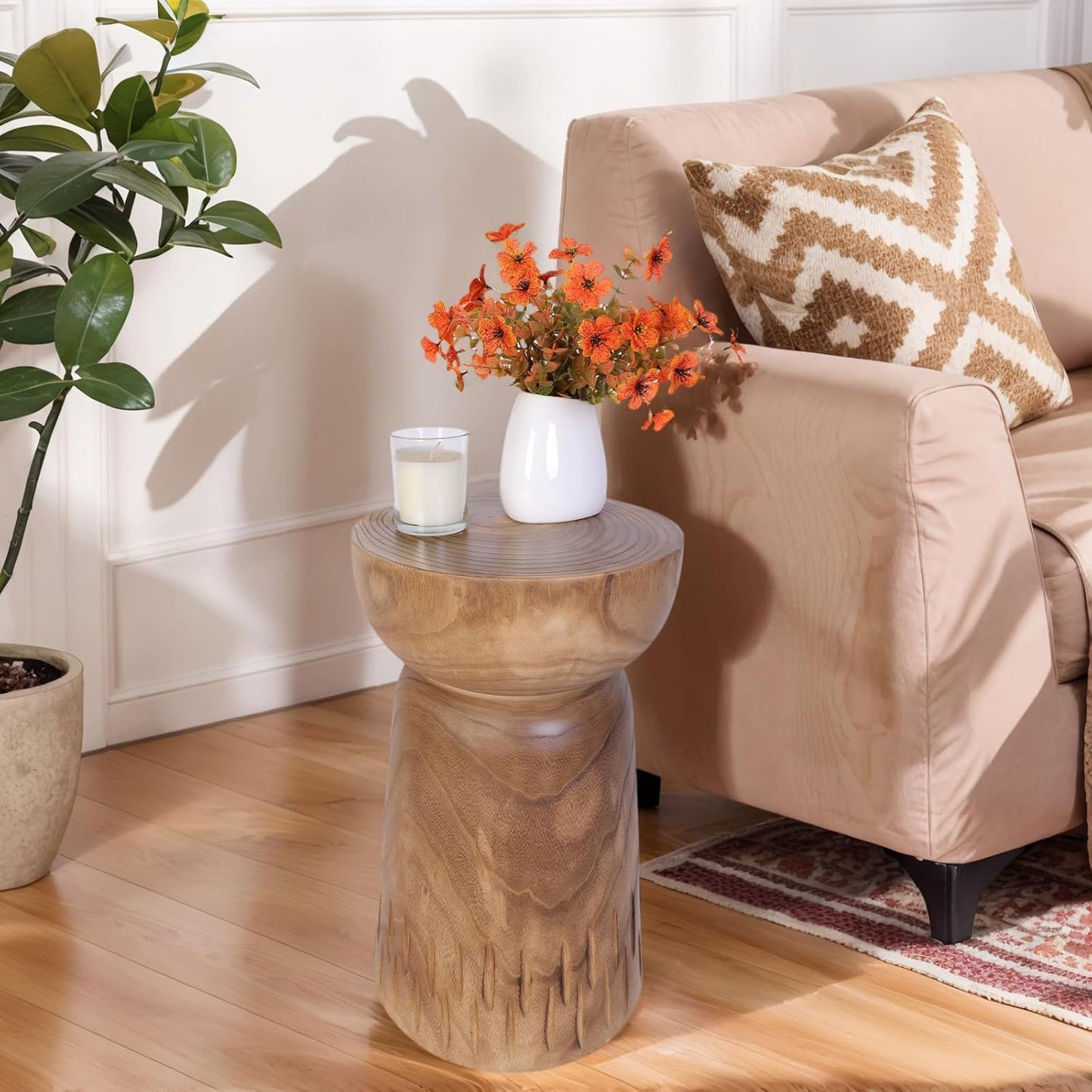 Rustic Tree Stump Side Table for Living Room and Patio Use