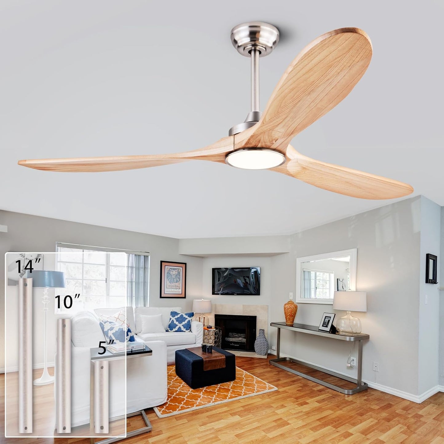 60 in Wood Ceiling Fan with Lights and Remote Control for Home