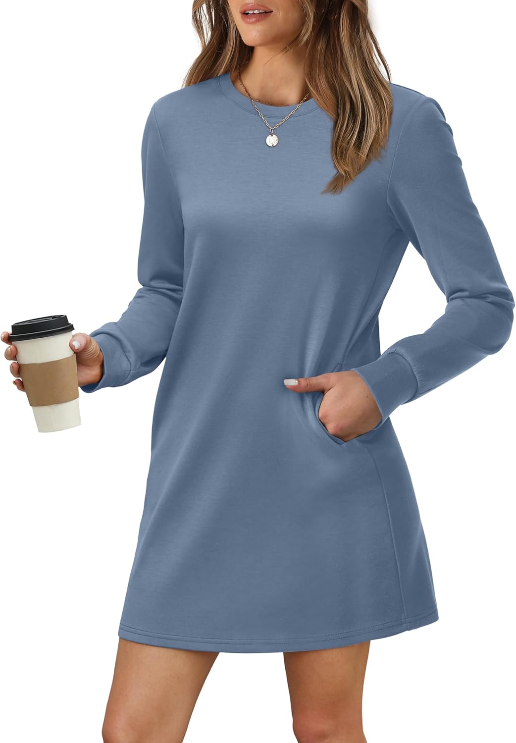 WIHOLL Long Sleeve Casual Mini Dress with Pockets for Women