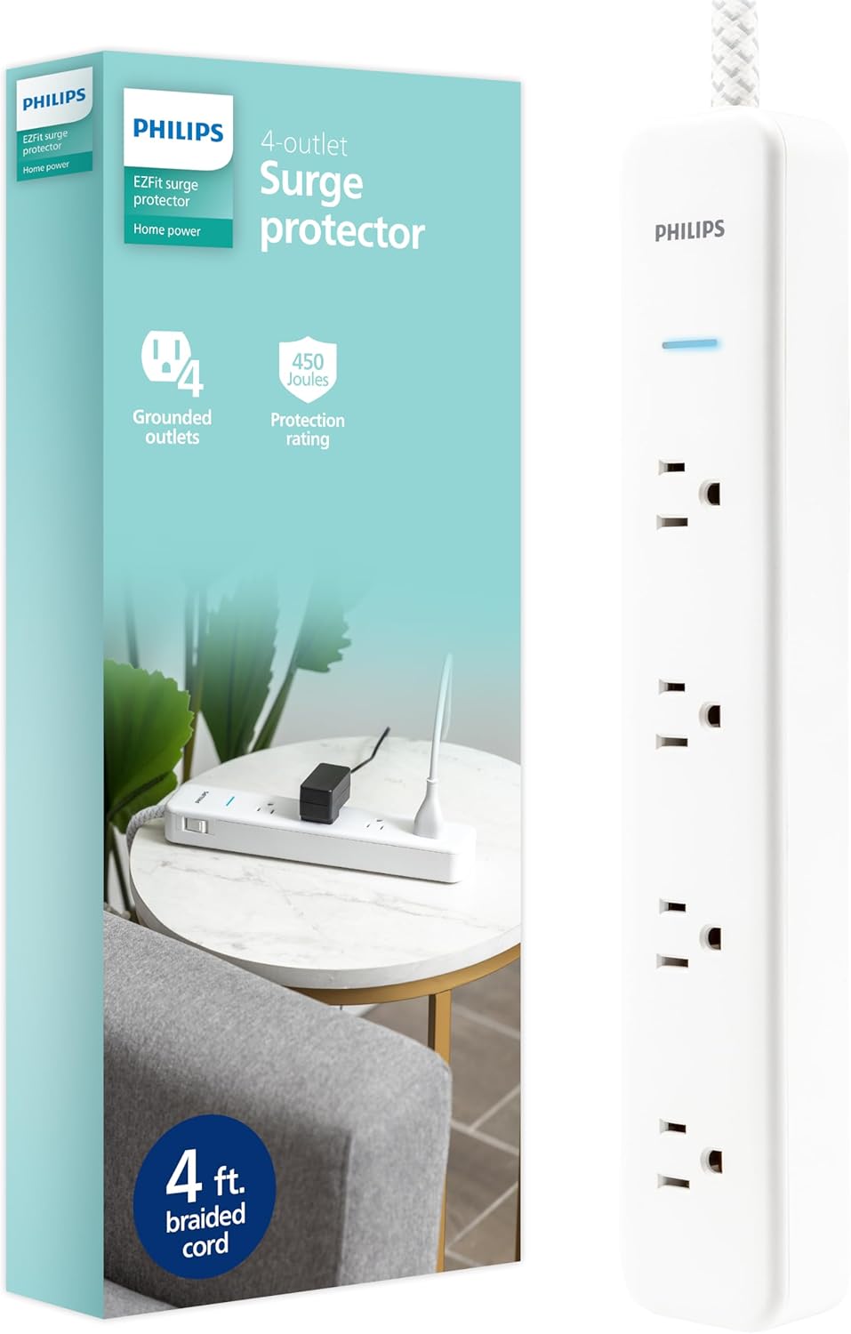 Philips 4-Outlet Surge Protector Power Strip - Reliable Power Extension