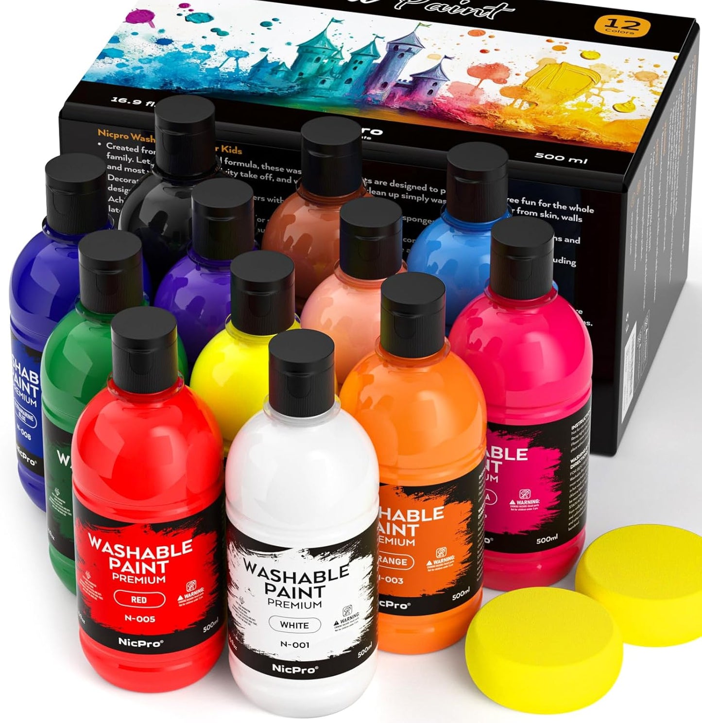 Nicpro 12 Colors Large Washable Paint Set for Kids Art Projects