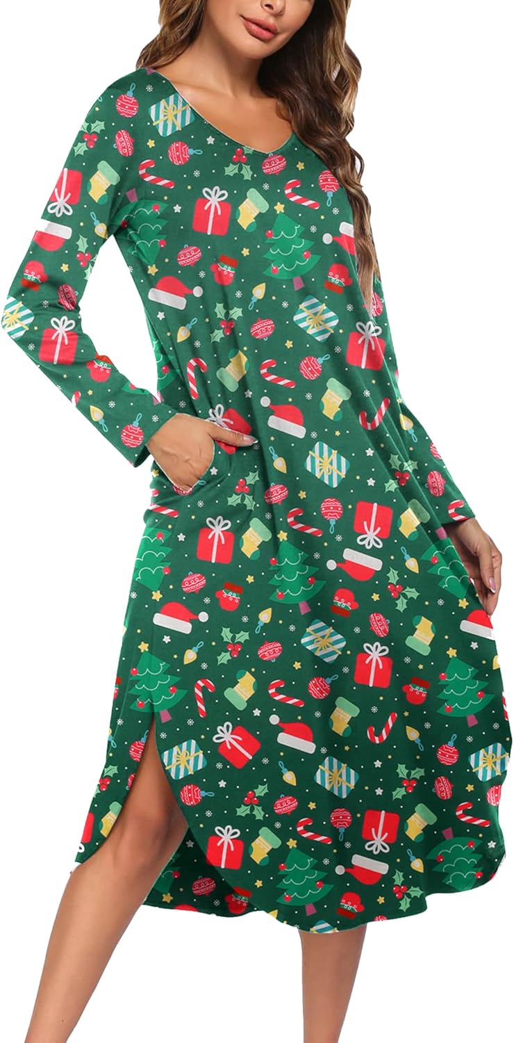 Ekouaer Womens Nightgown V Neck Long Sleeve Sleepwear with Pockets