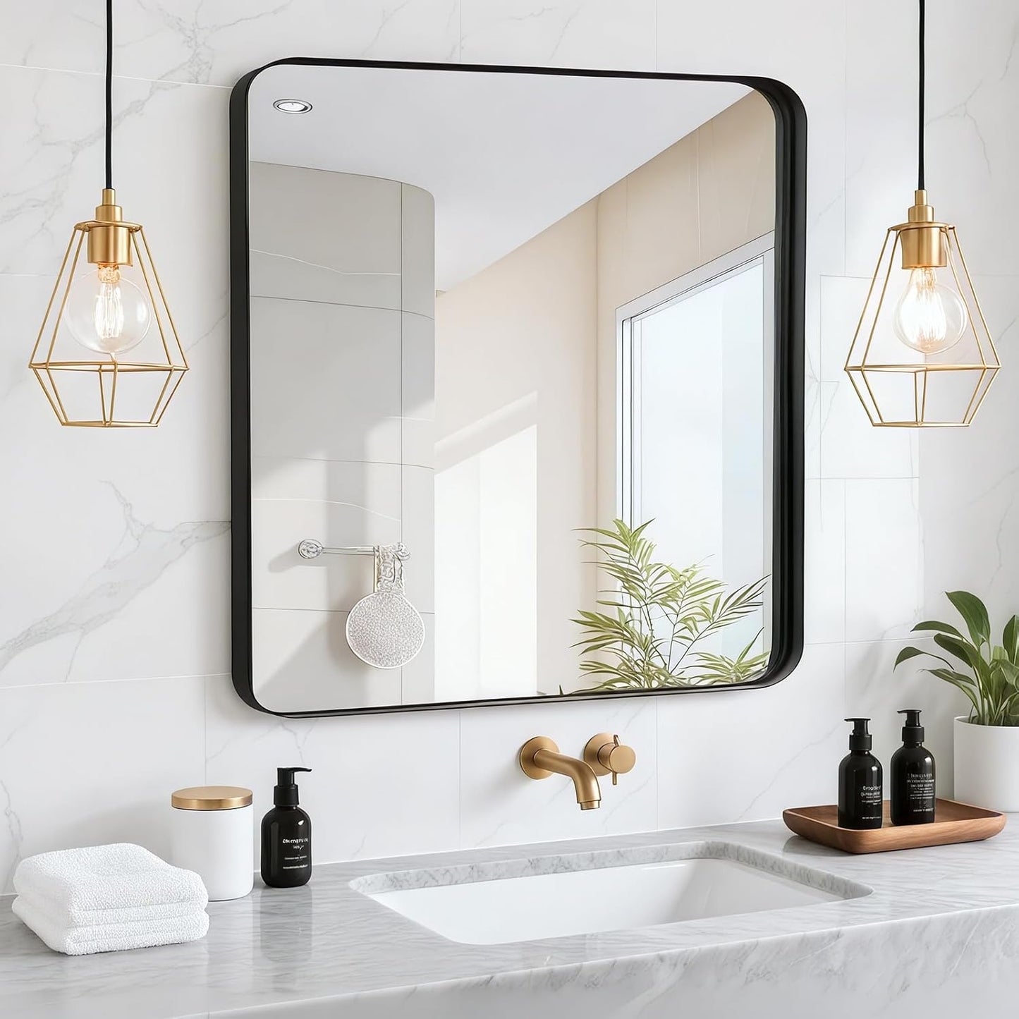 28x28 Inch Black Bathroom Mirror - Modern Metal Framed Design