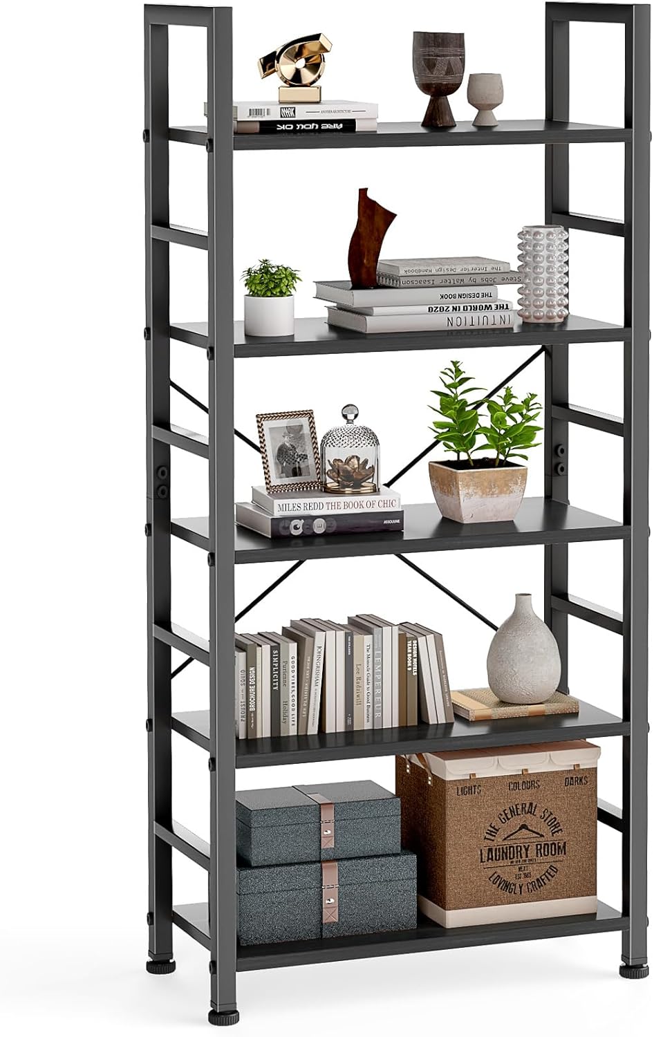 DUMOS 5 Tiers Bookshelf - Modern Black Storage Organizer