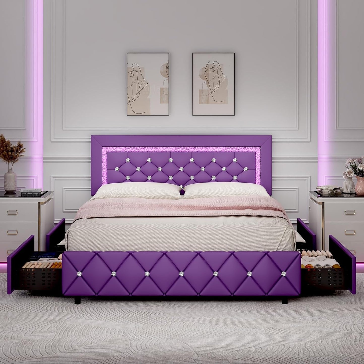 BarnFurin Queen Size Bed Frame with Diamond Tufted Design