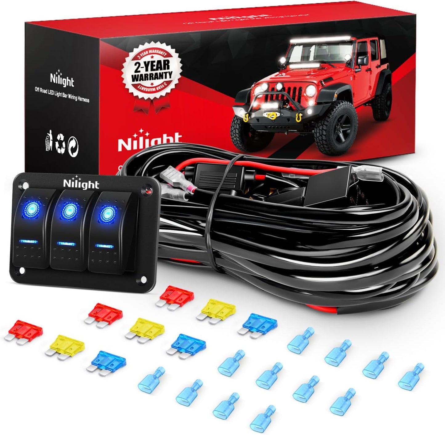 Nilight 16AWG LED Light Bar Wiring Harness Kit for Vehicles