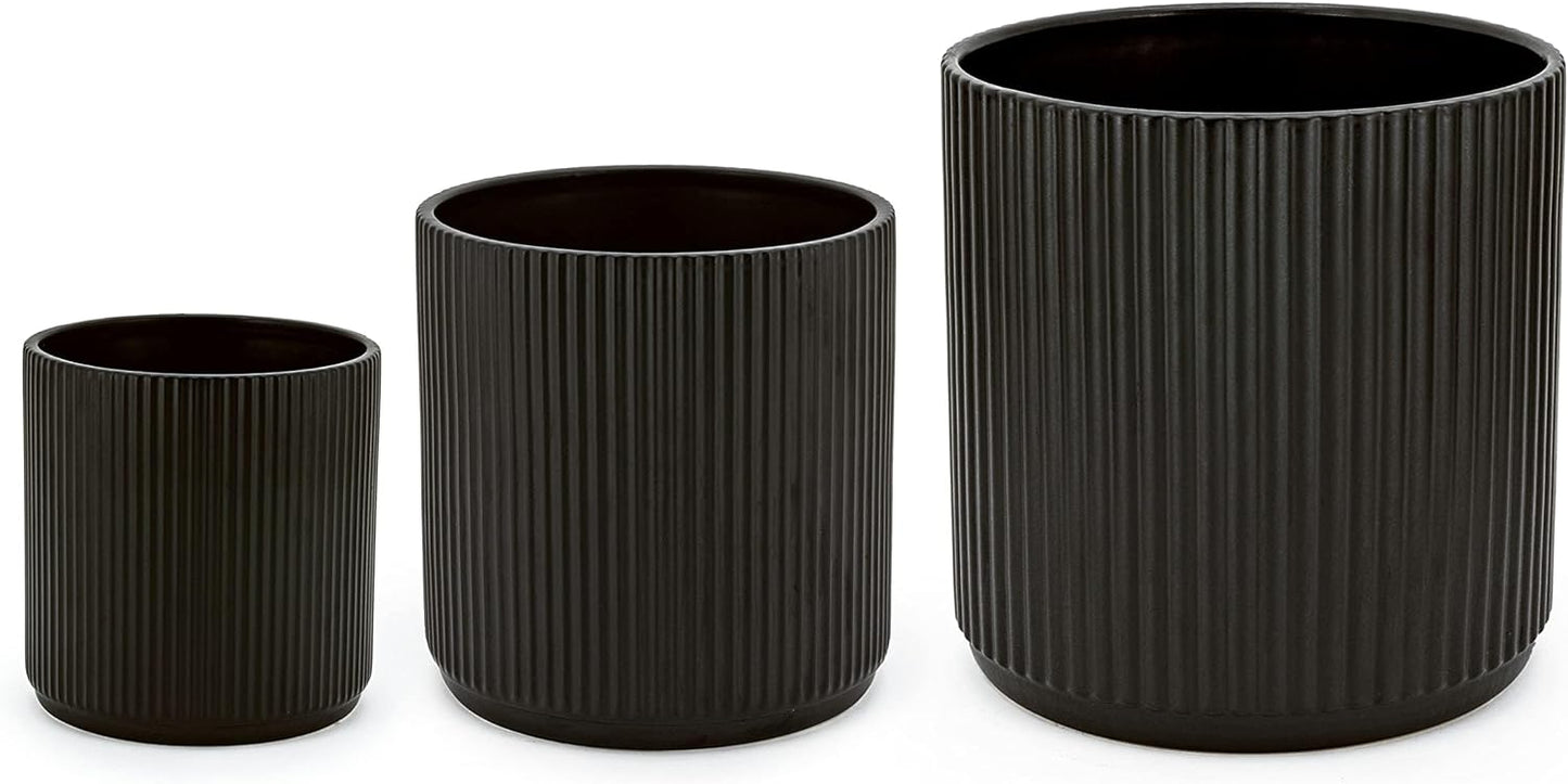 Assorted Sizes Fluted Ceramic Round Planters Set of 3 Black