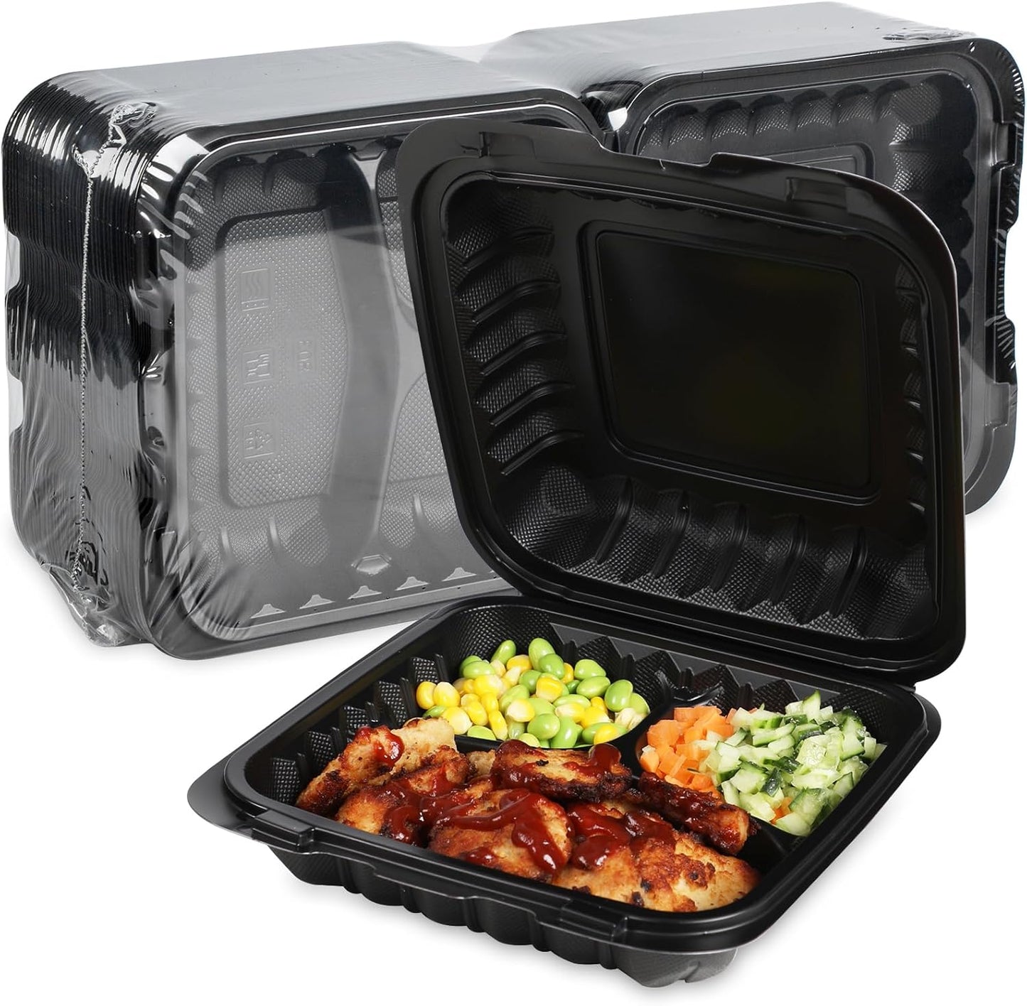 FRESHPAK 55 Pack 3-Compartment Clamshell Food Containers