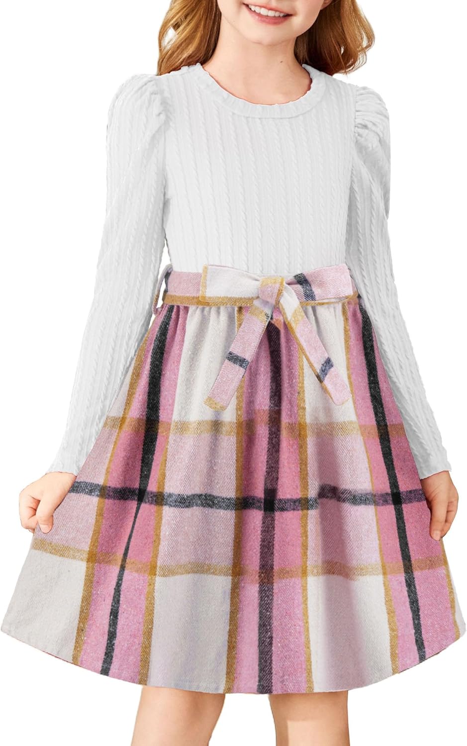 Arshiner Girls Dresses Puff Long Sleeve Rib Knit Plaid Patchwork