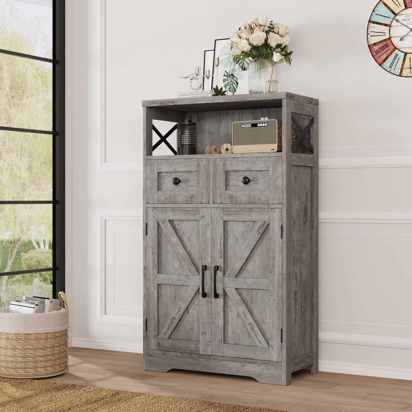 Farmhouse Storage Cabinet with Drawers and Adjustable Shelves