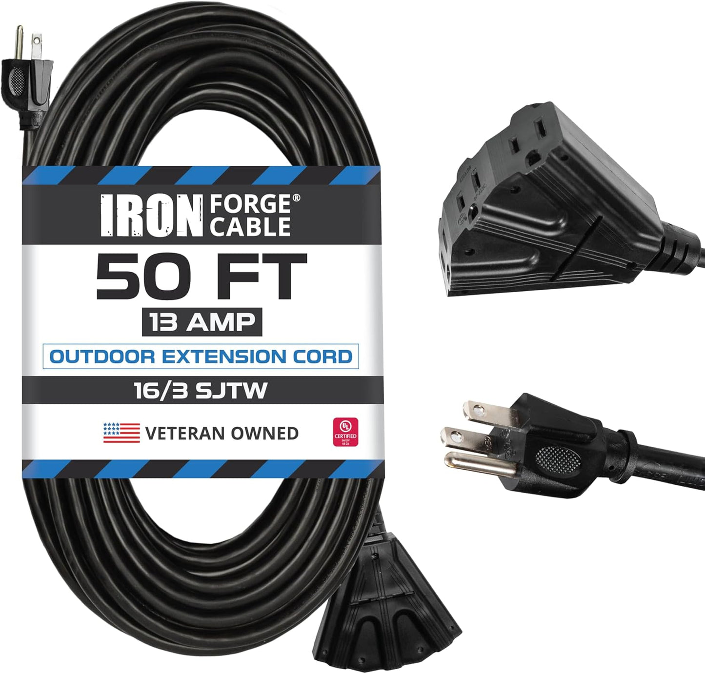 50 Ft Black Extension Cord with 3 Outlets for Outdoor Use