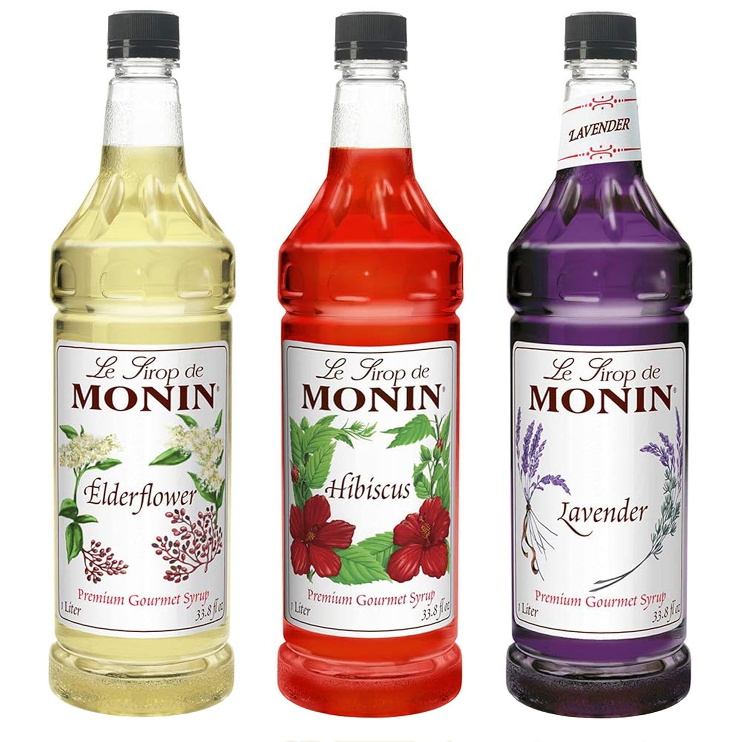 Monin Floral Variety Pack: Lavender, Elderflower, Hibiscus Syrup