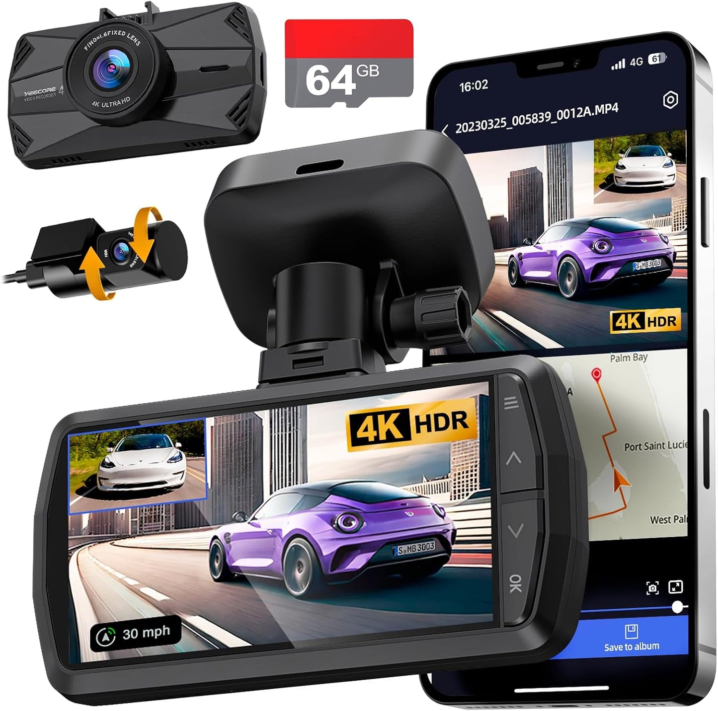 YEECORE 4K+1080P Dual Dash Cam, WiFi GPS, Night Vision