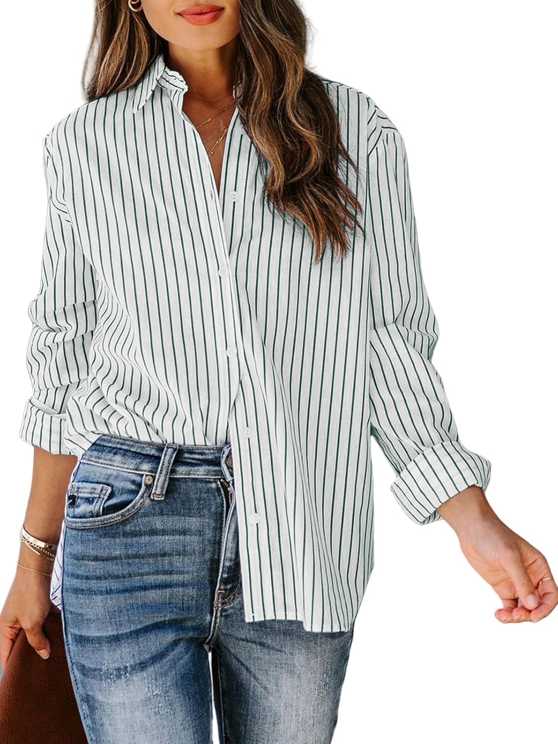 Womens Button Down Cotton Striped Dress Shirt for Office Wear