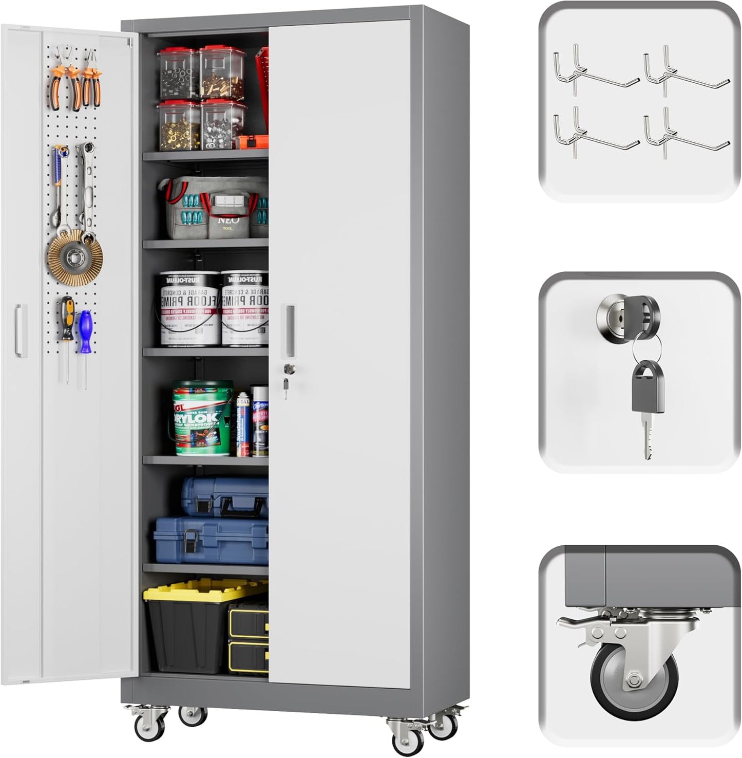 71in Garage Storage Cabinet with Wheels & Pegboard for Organization