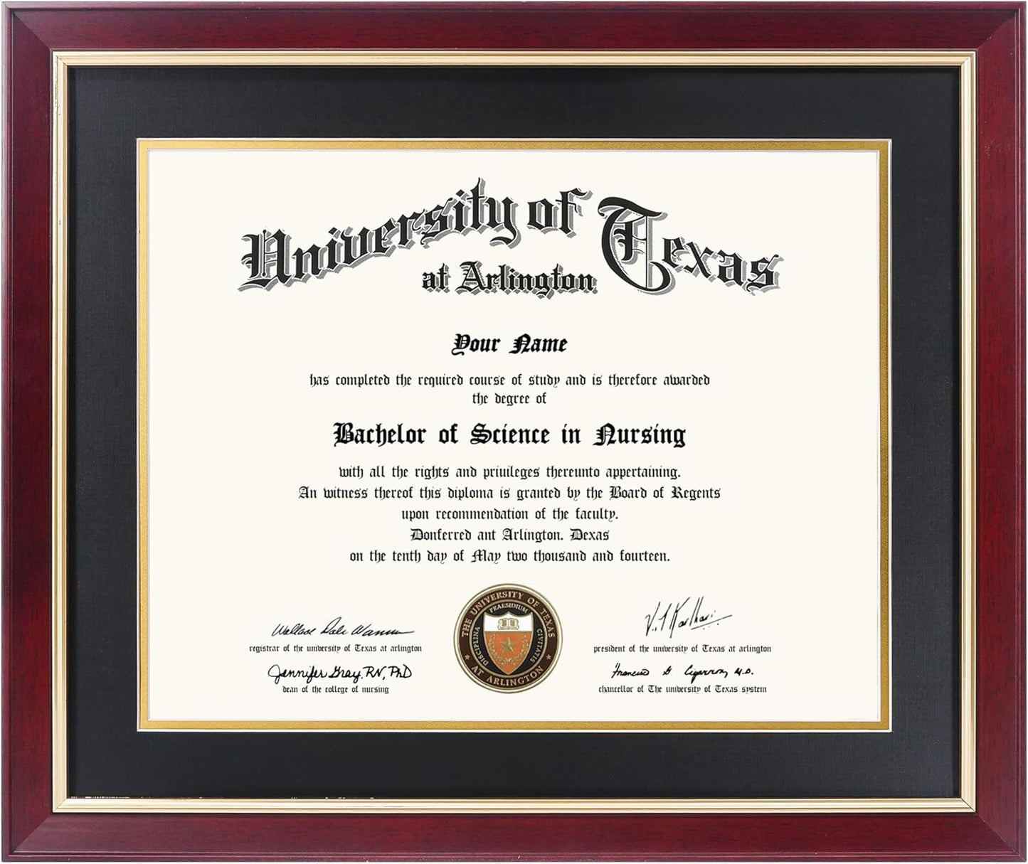 11x14 Wood Diploma Frame with Black Mat and Gold Trim Design