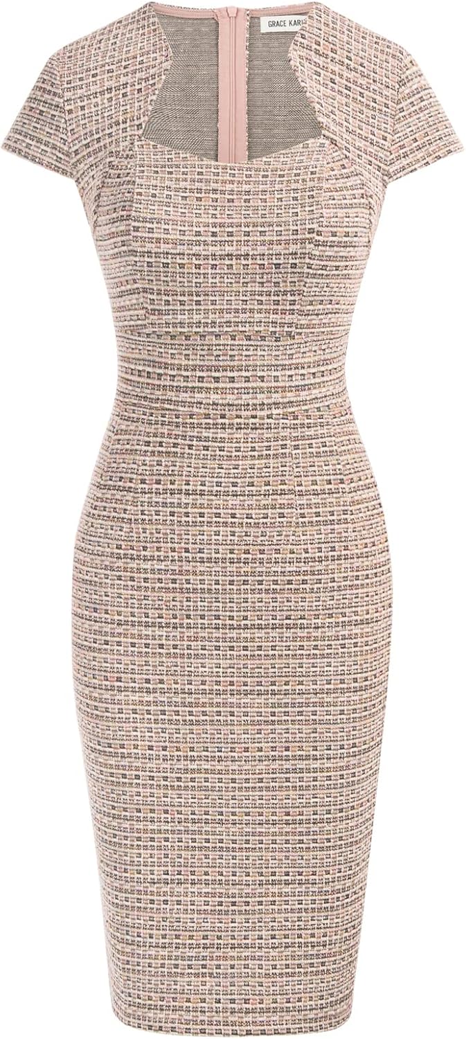 Gorgeous Pencil Dress for Women with Cap Sleeves and Tweed Style