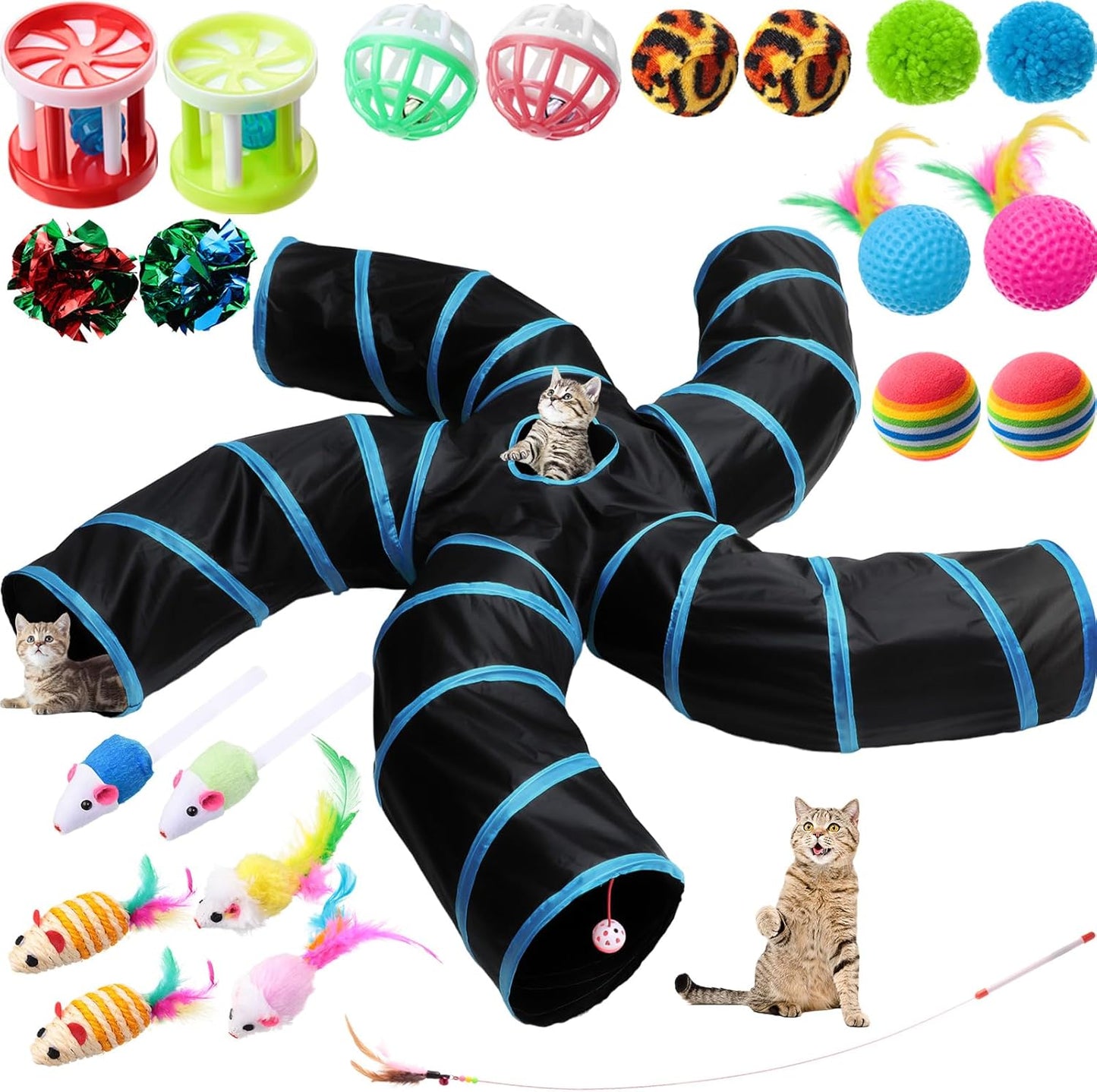 Interactive Cat Tunnel Set - 21 Pcs, Collapsible, Toys Included