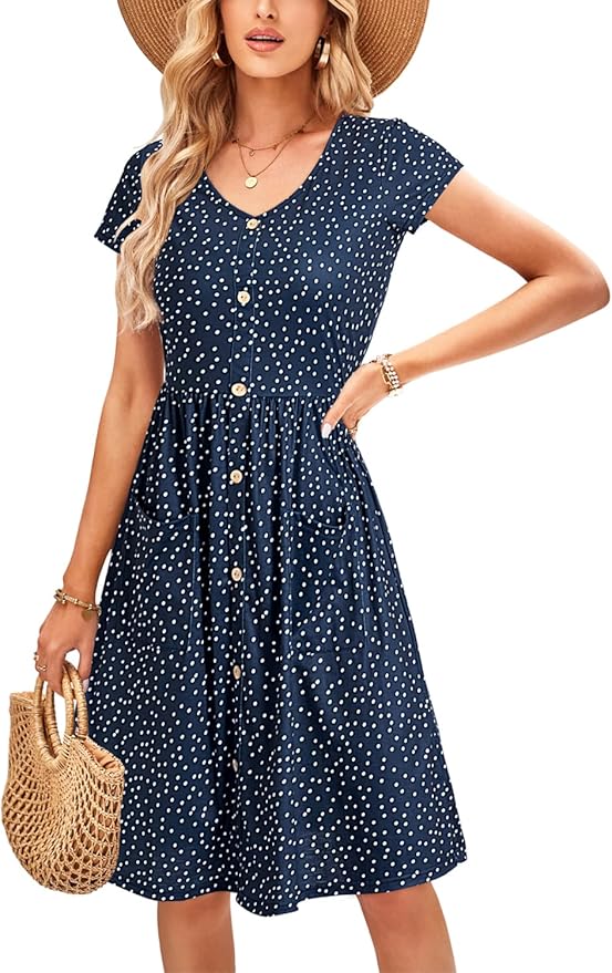 OUGES Women's V Neck Button Down Skater Dress with Pockets Review